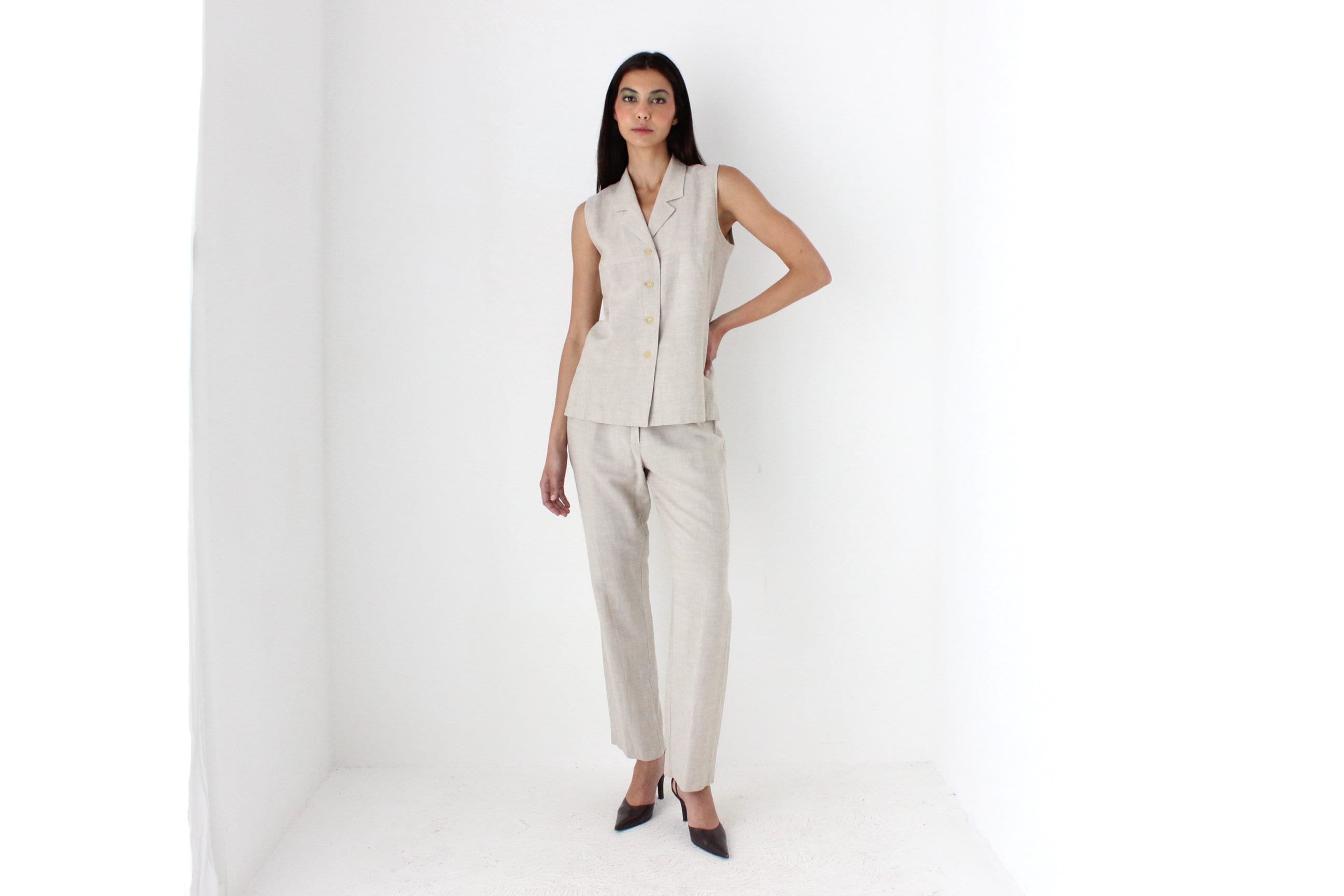 90s Minimal Beige Linen Waistcoat & Trouser Set