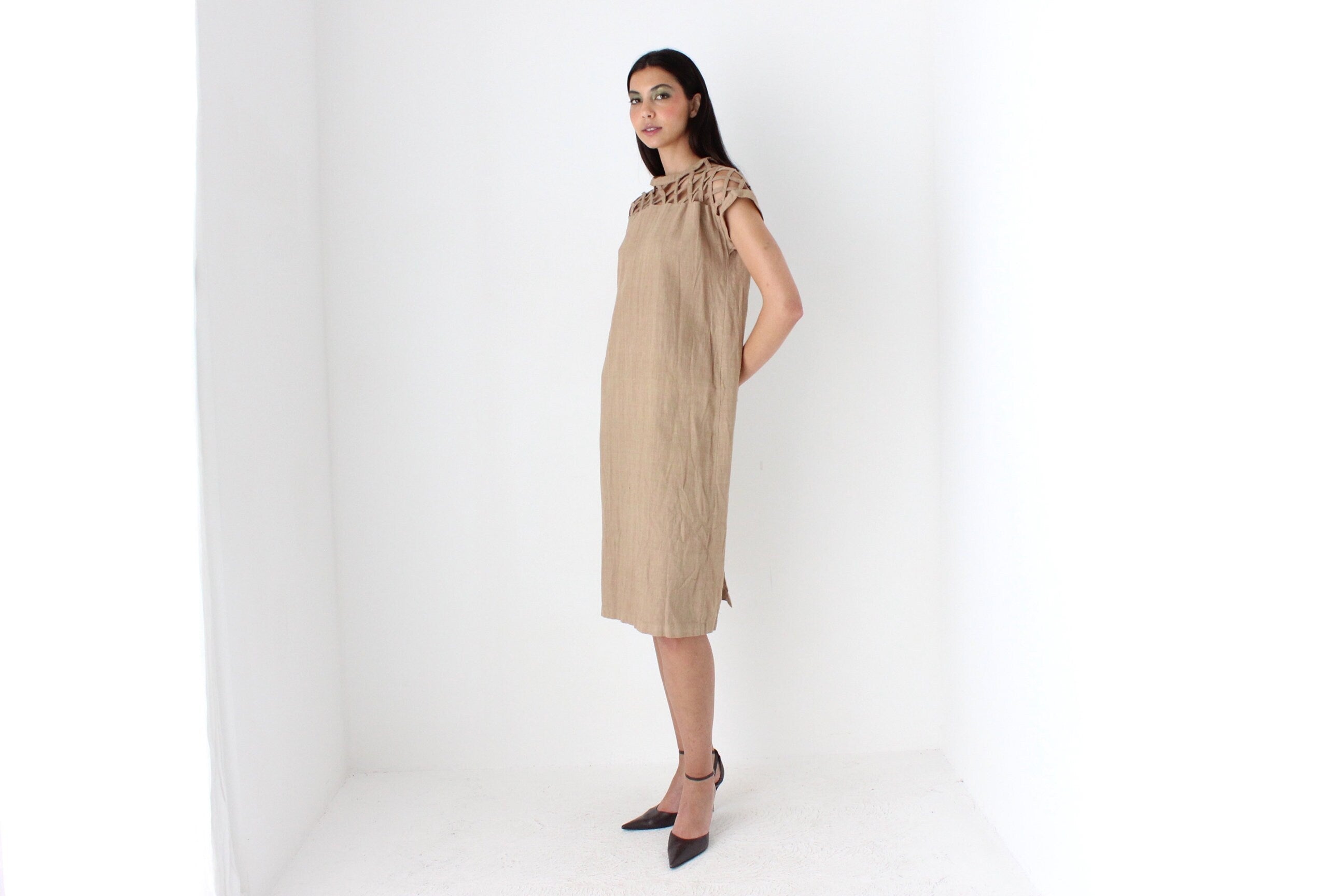 70s Caramel Linen Relaxed Sheath Dress w/ Lattice Cut Outs