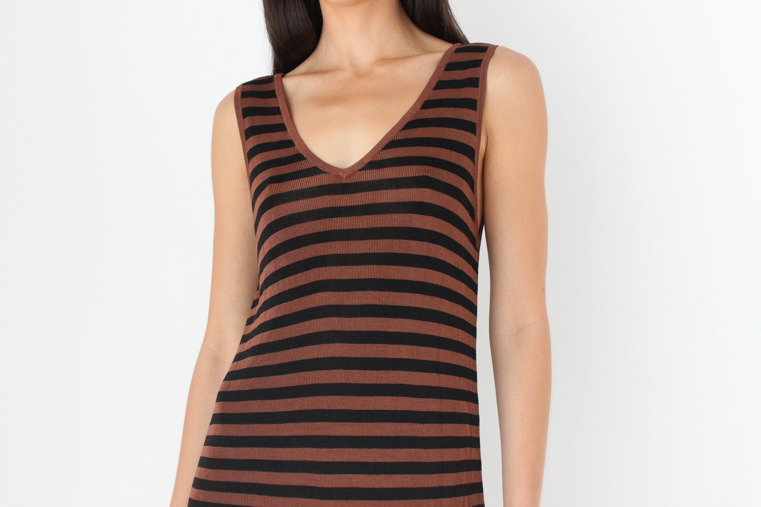 2000s Chocolate & Black Striped Knit V Neck Mini