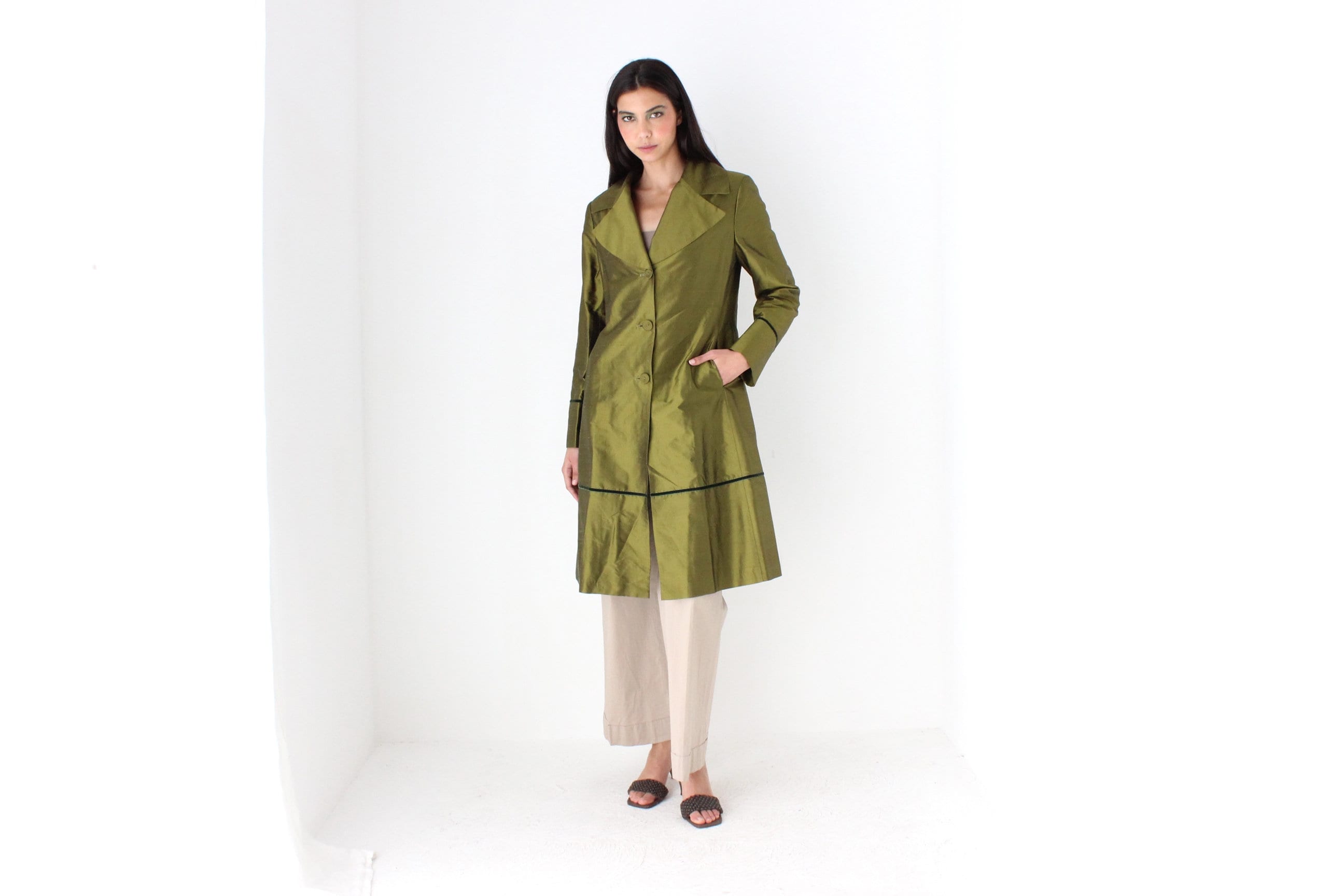 90s Metallic Raw Silk Olive Green Coat by Tintoretto