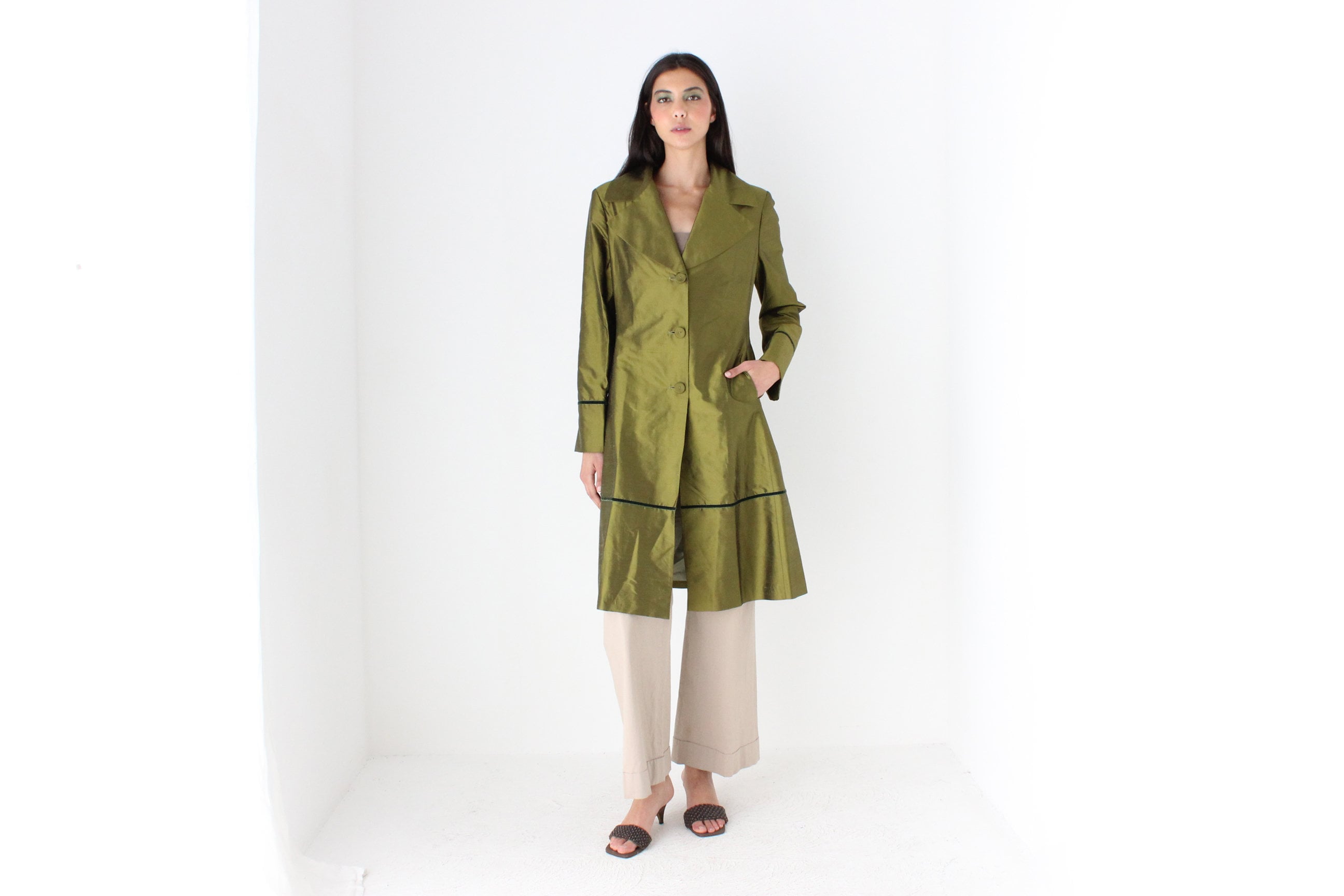90s Metallic Raw Silk Olive Green Coat by Tintoretto