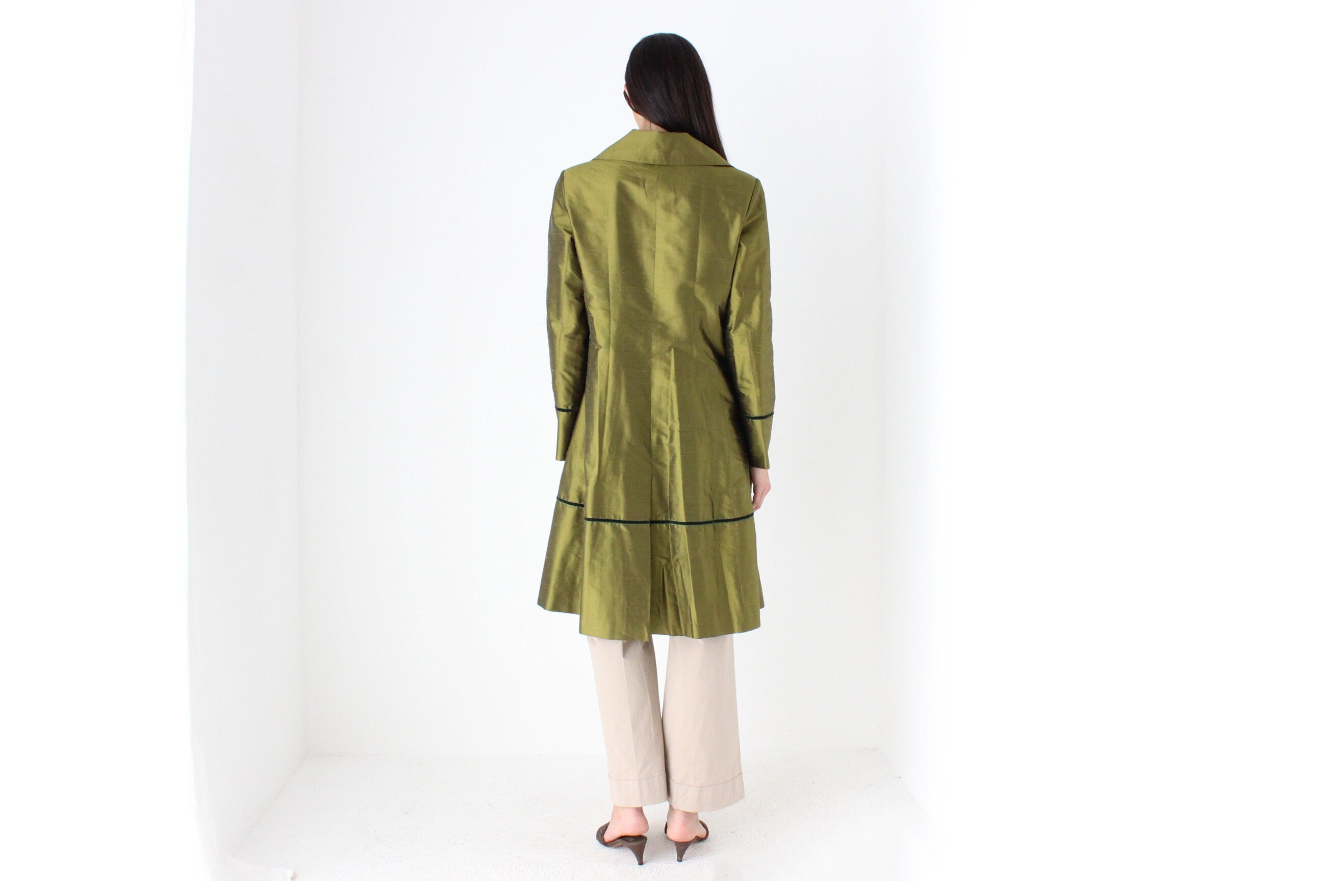 90s Metallic Raw Silk Olive Green Coat by Tintoretto