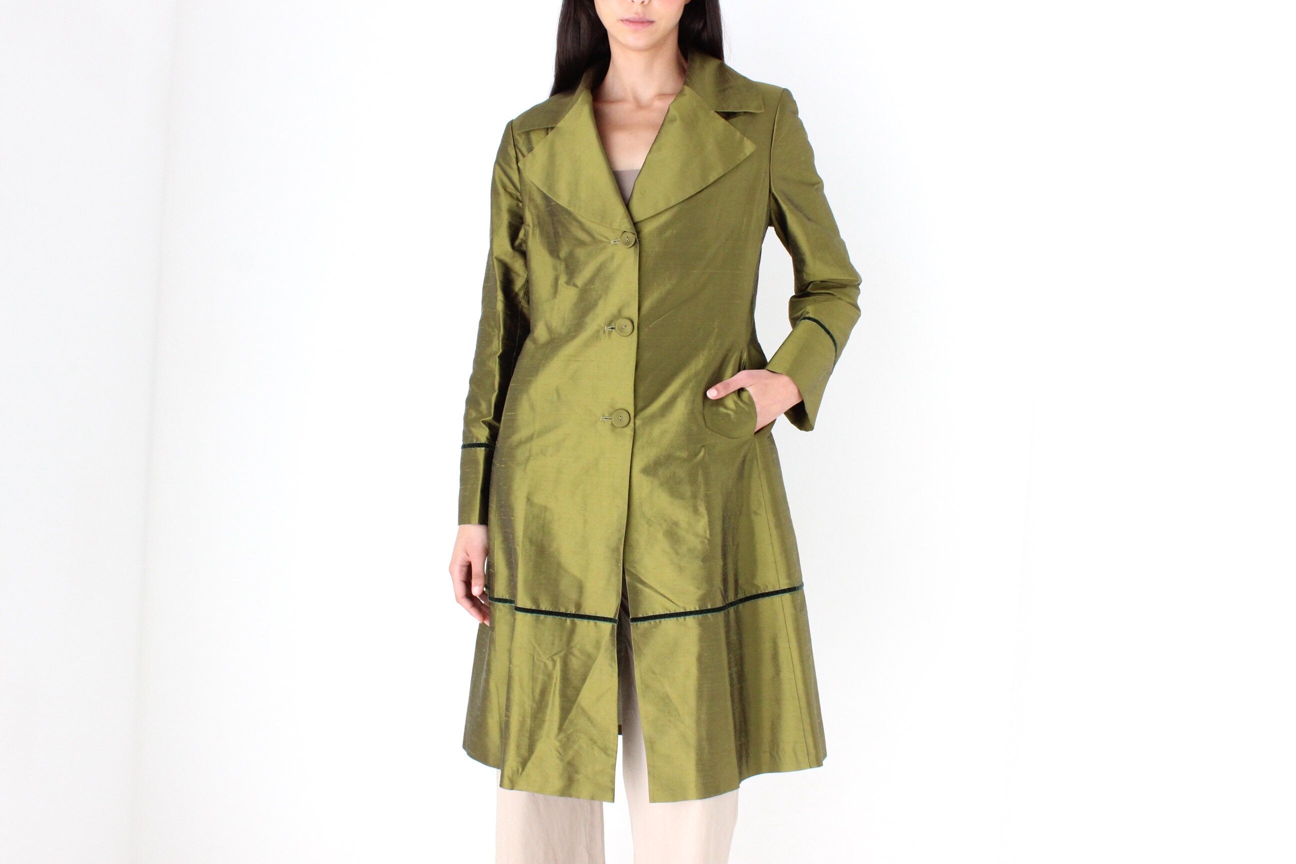 90s Metallic Raw Silk Olive Green Coat by Tintoretto