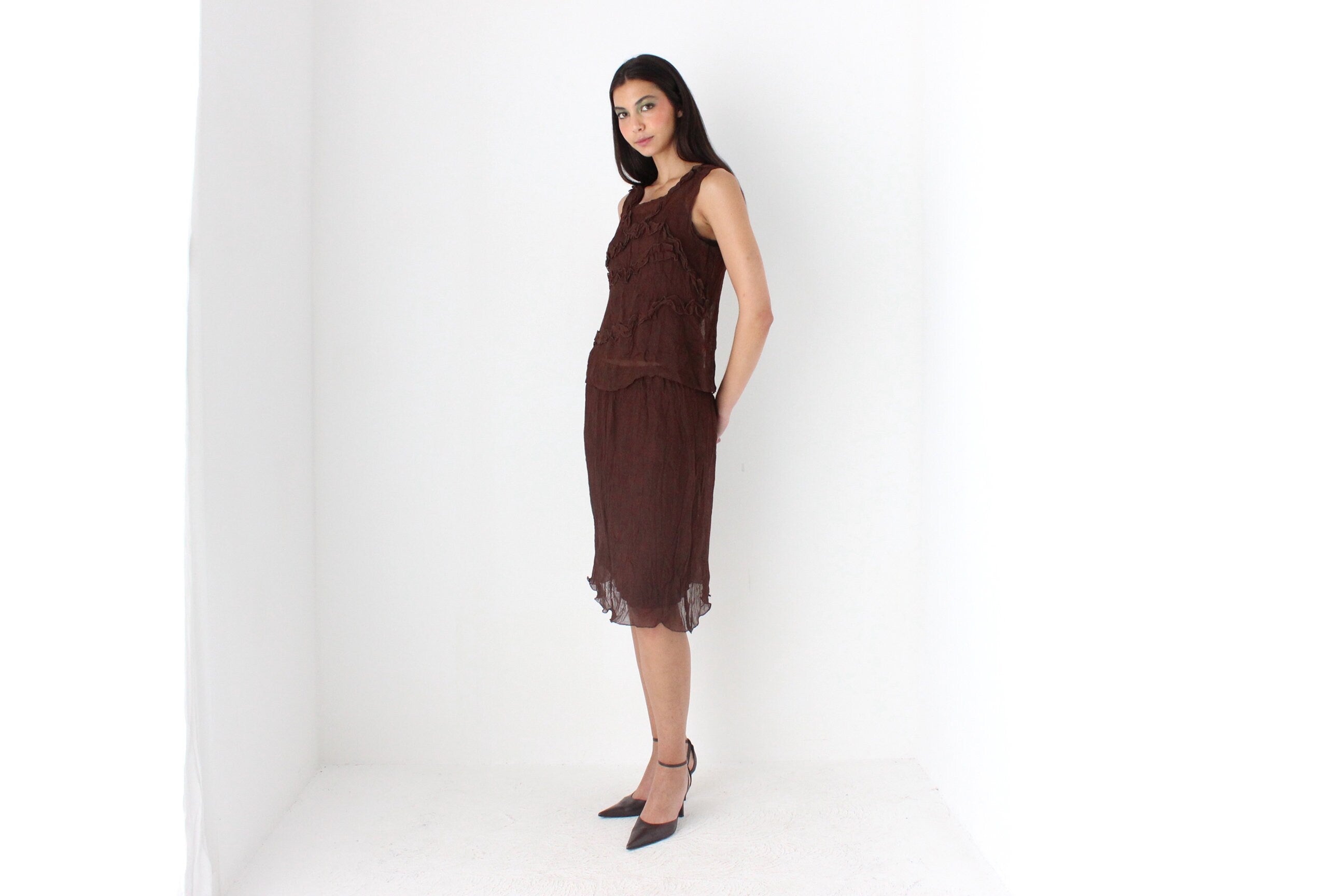 90s Woven Chocolate Two Piece Top & Skirt Ruffle Set by Ana Galdon, Spain