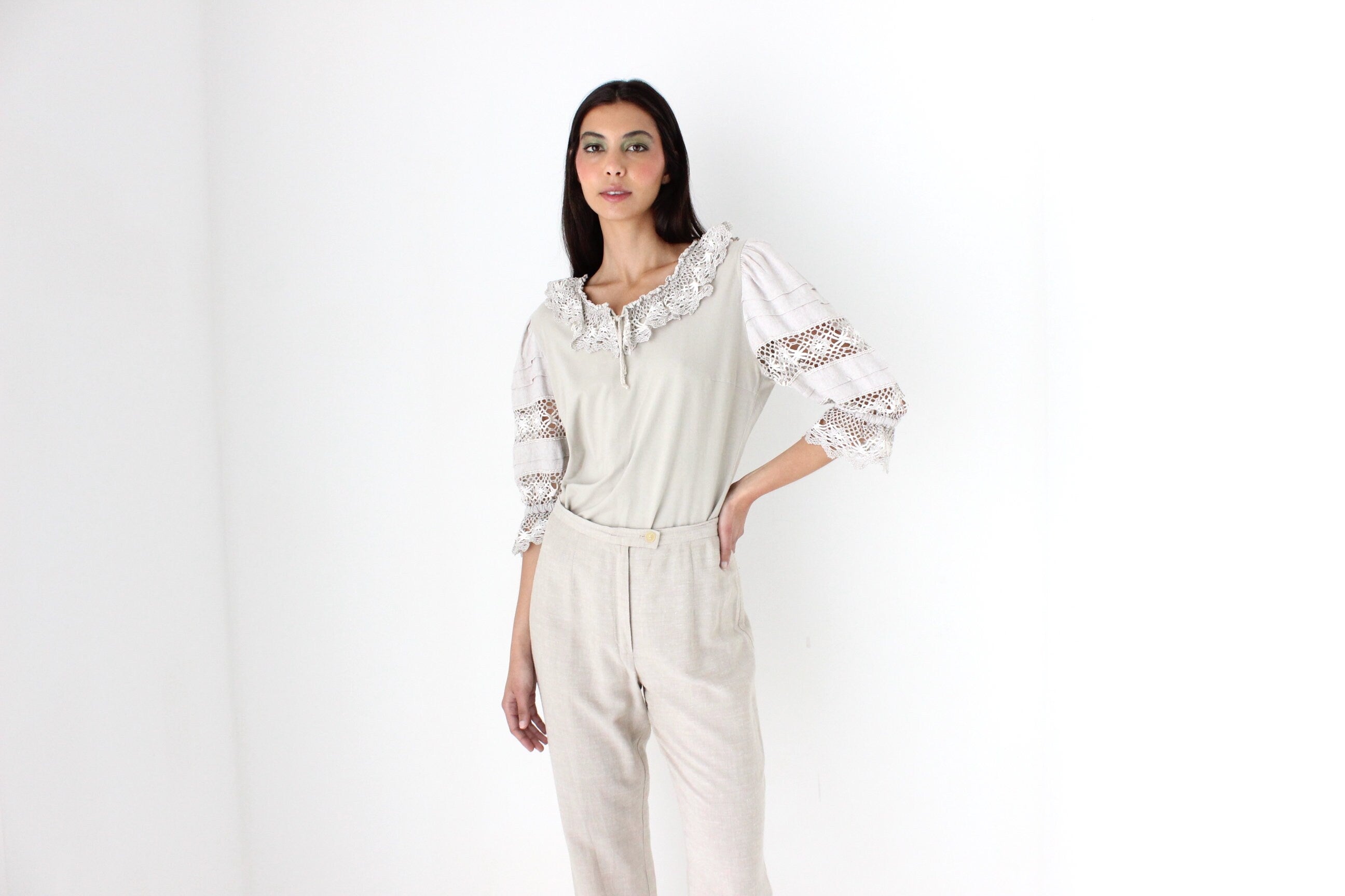 90s Detailed Cotton Folk Puff Sleeve Top