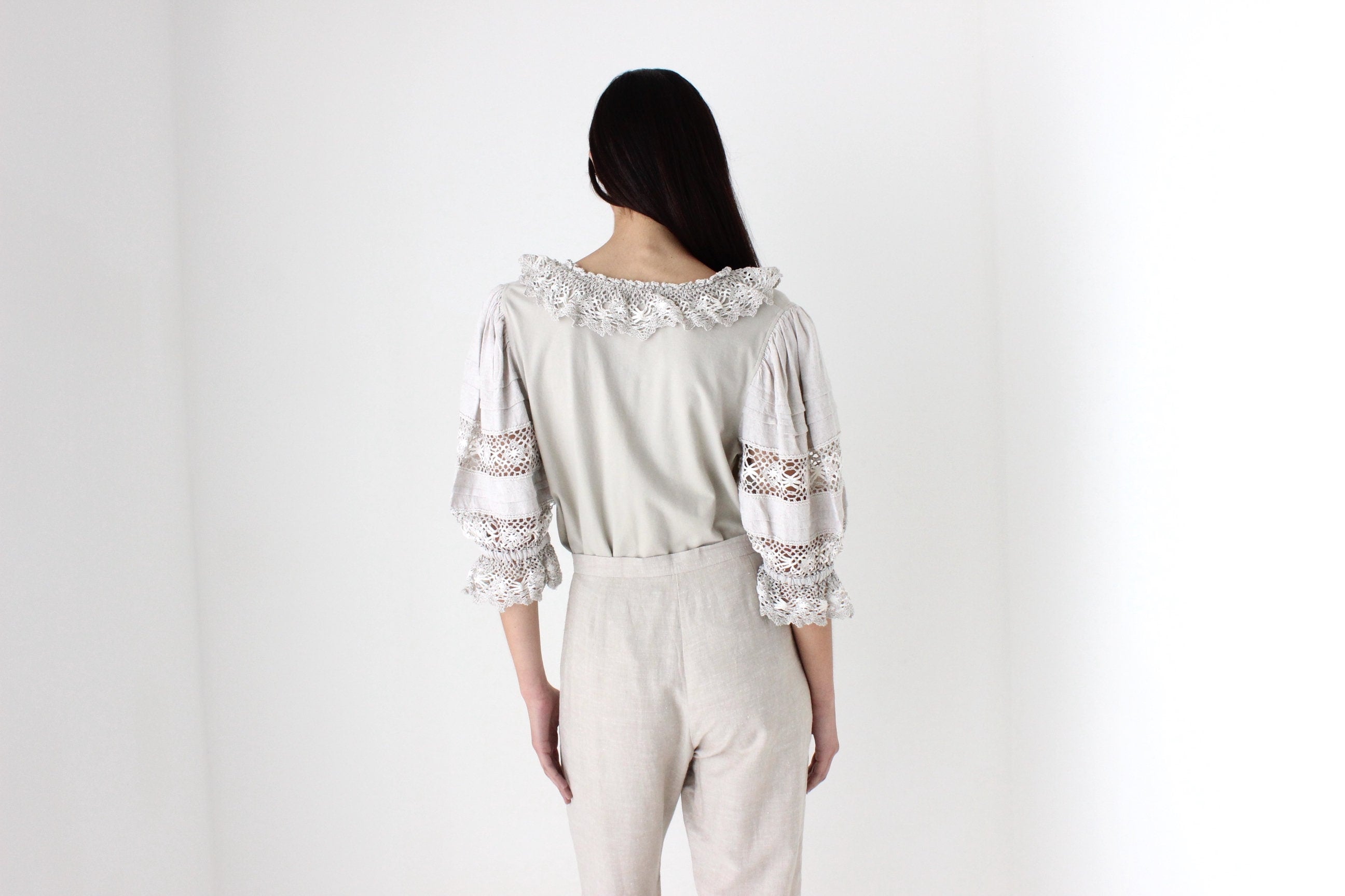 90s Detailed Cotton Folk Puff Sleeve Top