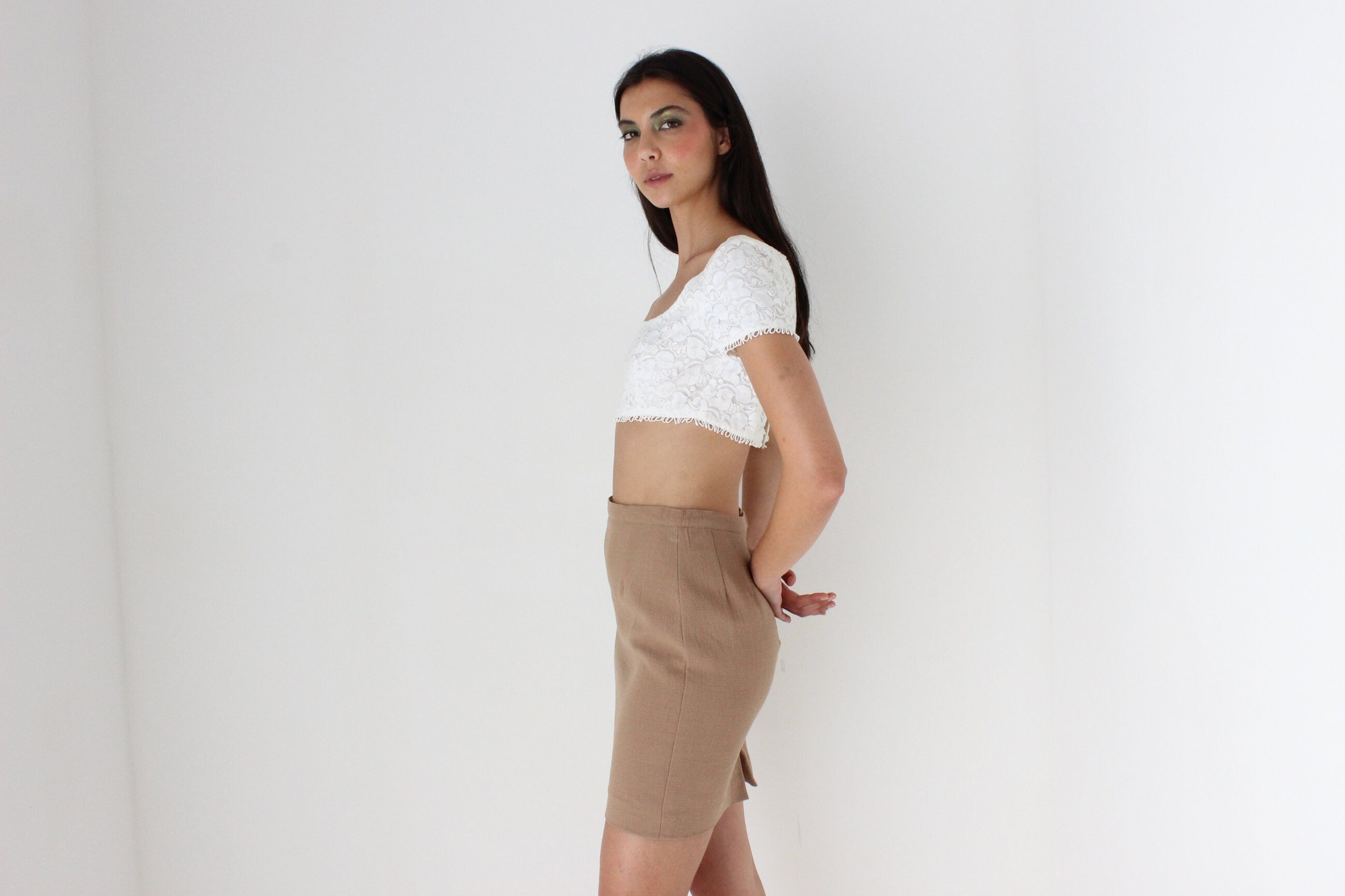 90s French Vintage Caramel Pure Wool Mini Skirt by 'Agatha Paris'