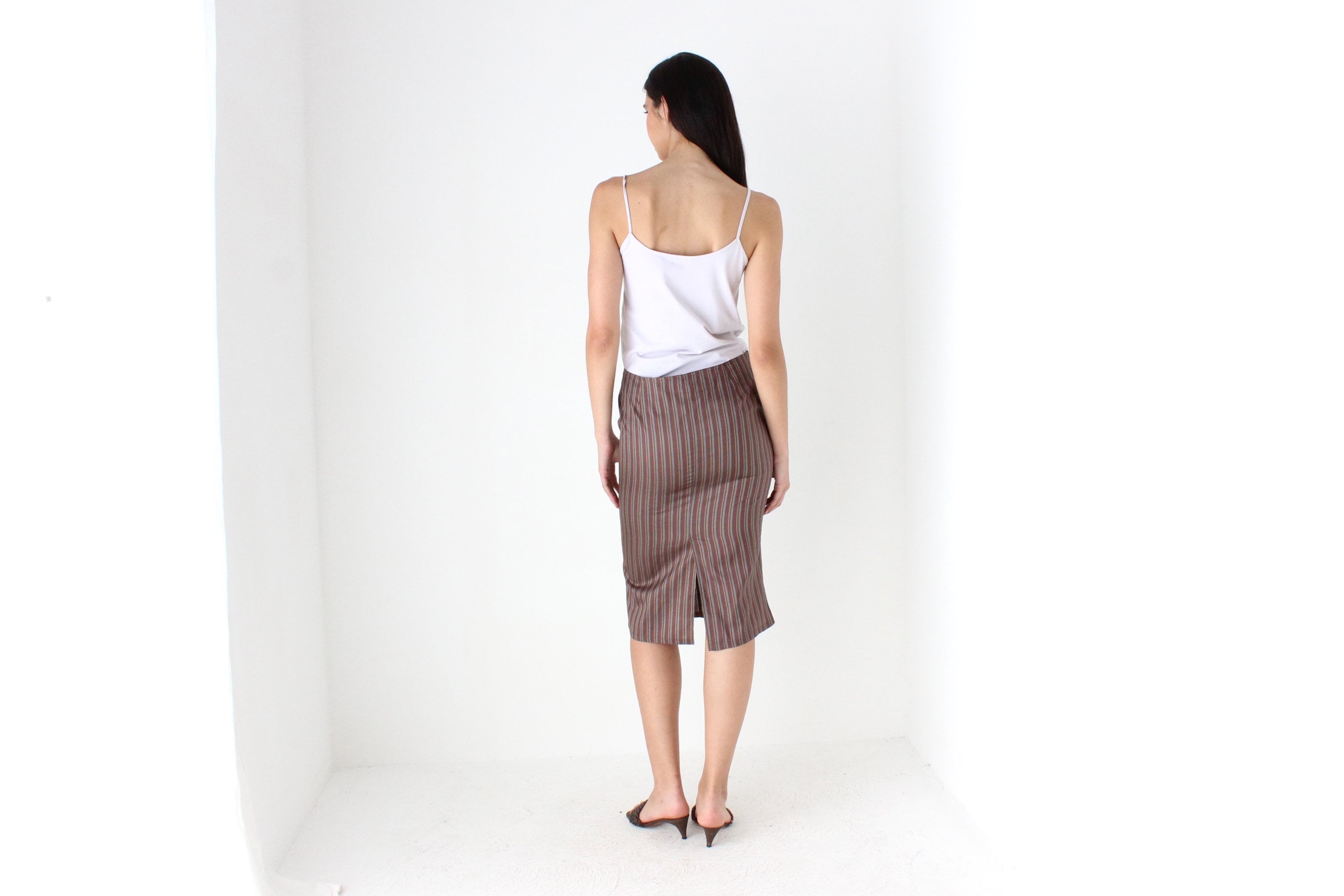 Y2K Striped Pure Silk Low Rise Knee Skirt by Blunauta