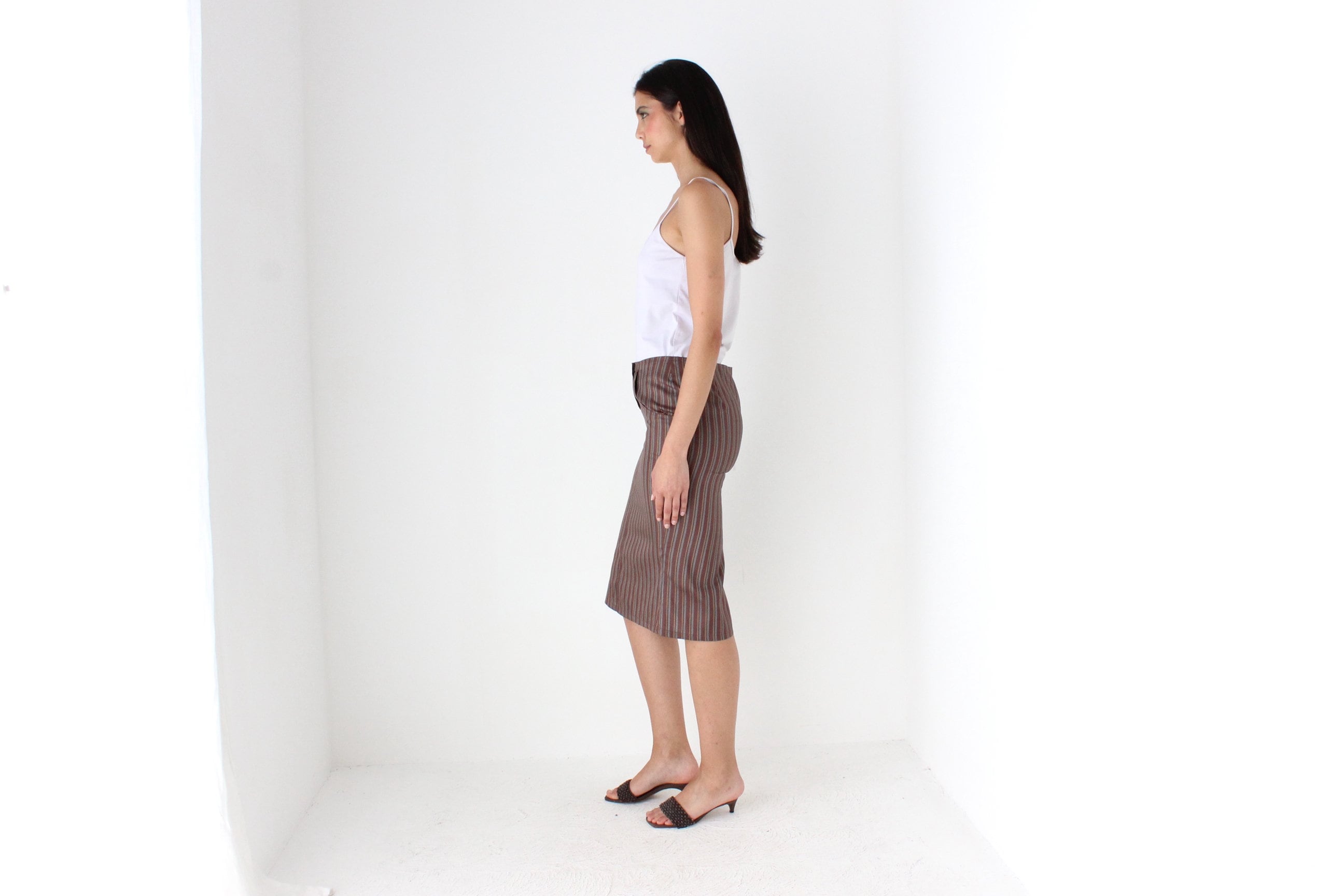 Y2K Striped Pure Silk Low Rise Knee Skirt by Blunauta