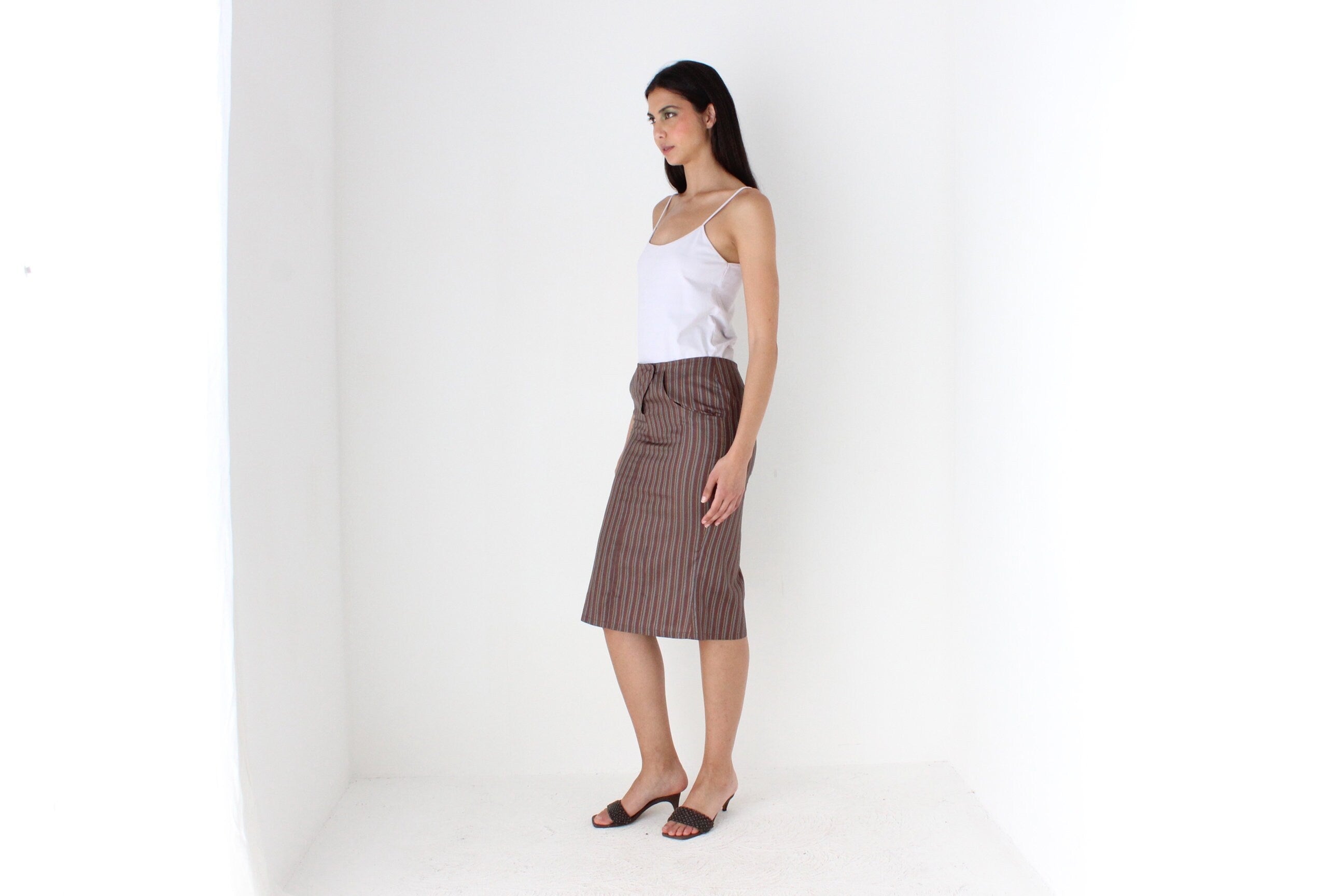 Y2K Striped Pure Silk Low Rise Knee Skirt by Blunauta