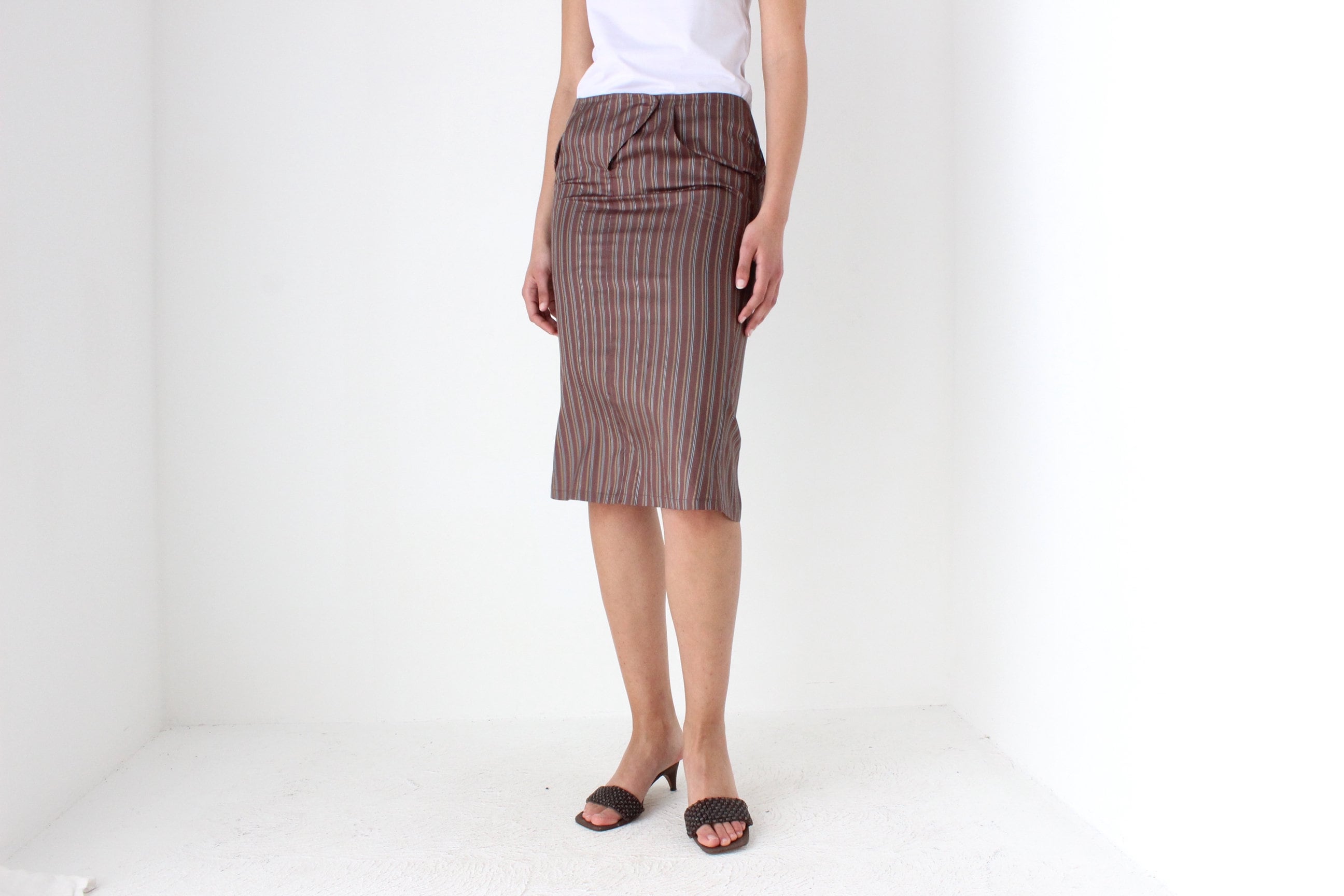 Y2K Striped Pure Silk Low Rise Knee Skirt by Blunauta