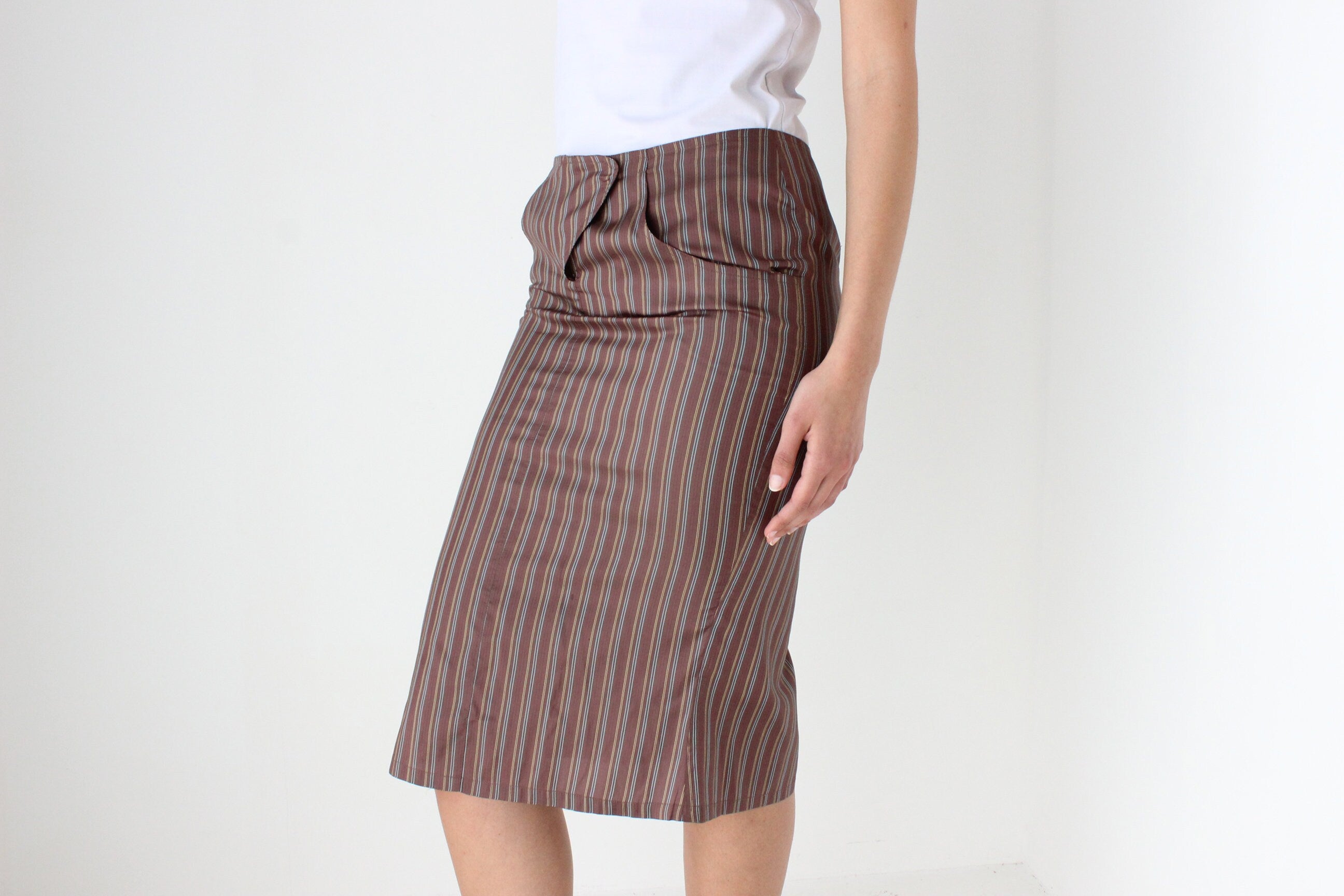 Y2K Striped Pure Silk Low Rise Knee Skirt by Blunauta