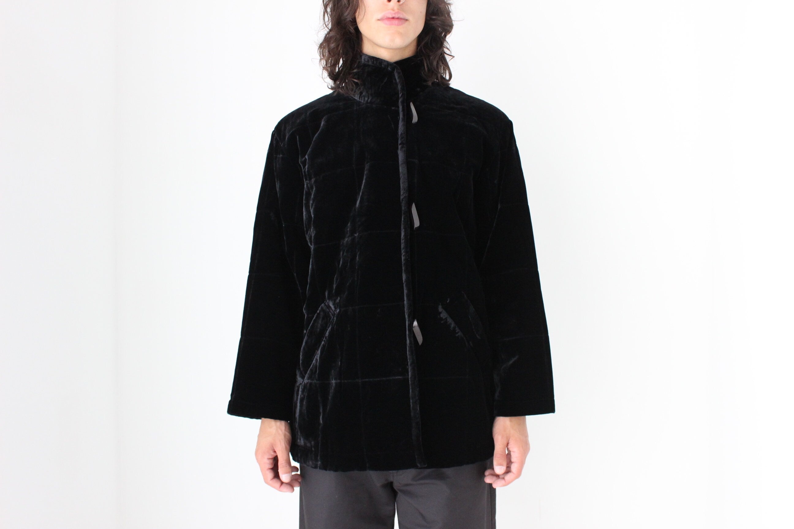 Luxury 80s PURE SILK VELVET Quilted Puffer Bomber Jacket in Jet Black