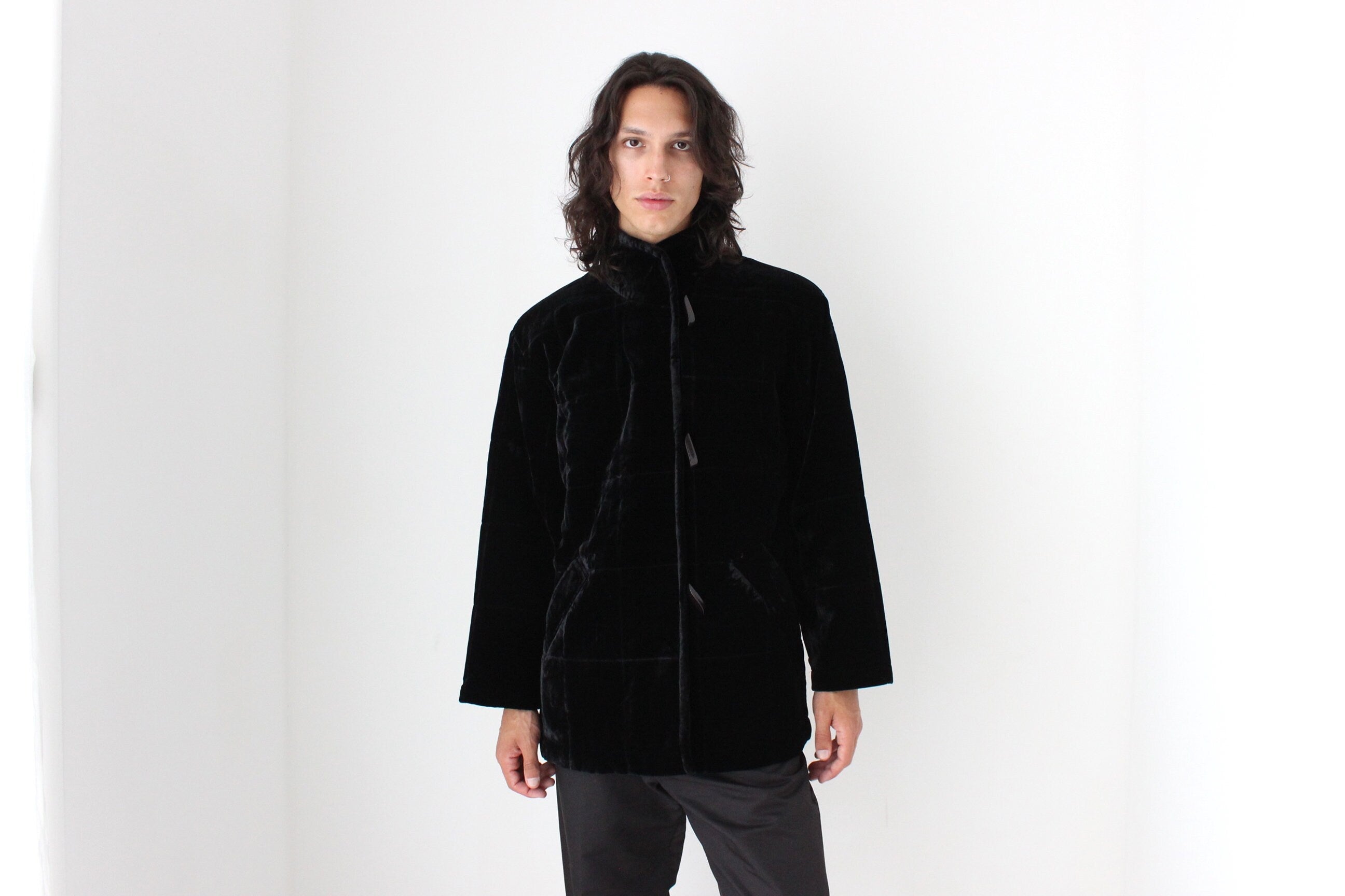 Luxury 80s PURE SILK VELVET Quilted Puffer Bomber Jacket in Jet Black