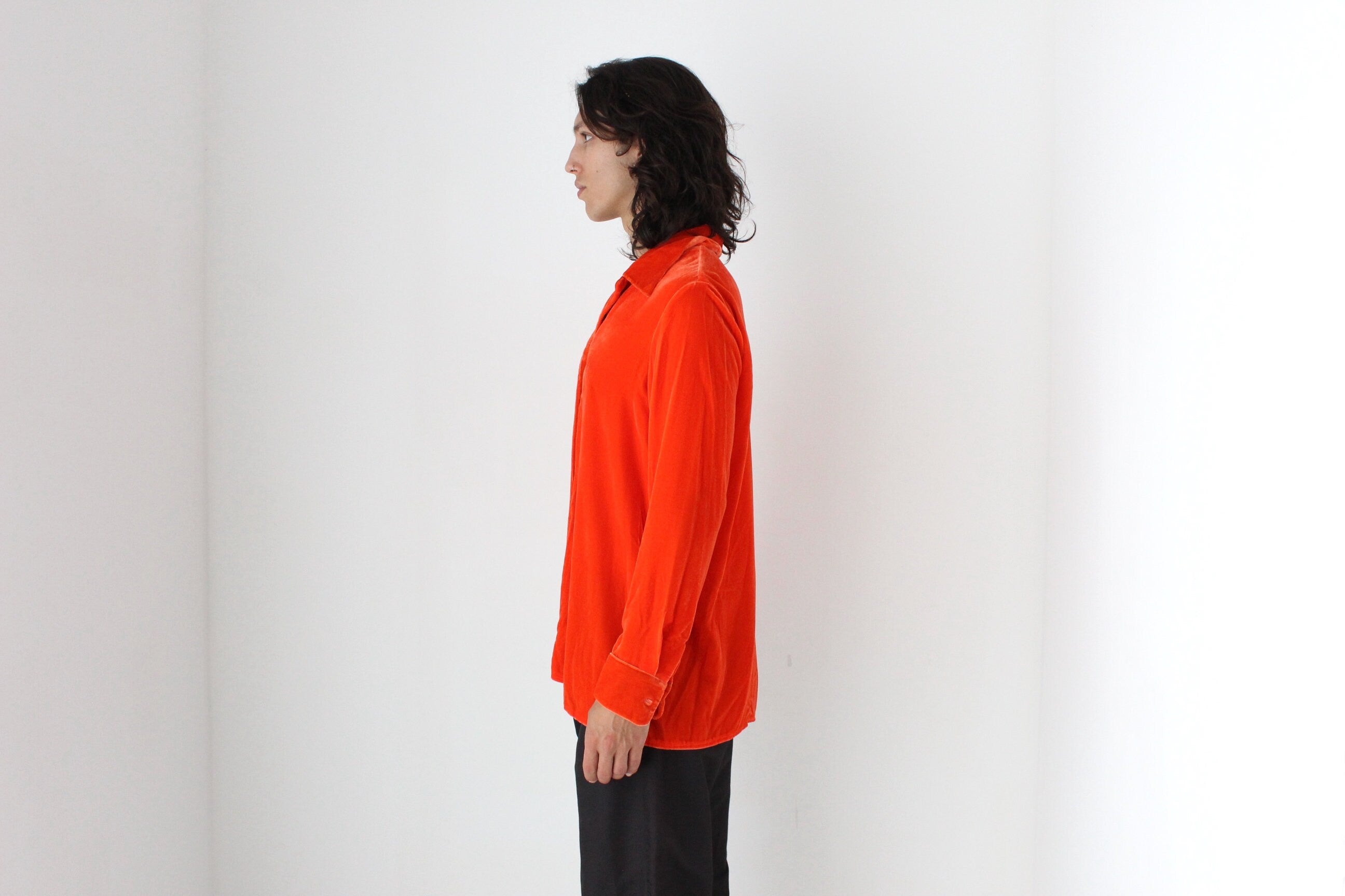 90s Acid Orange PURE SILK VELVET Long Sleeve Frontman Shirt