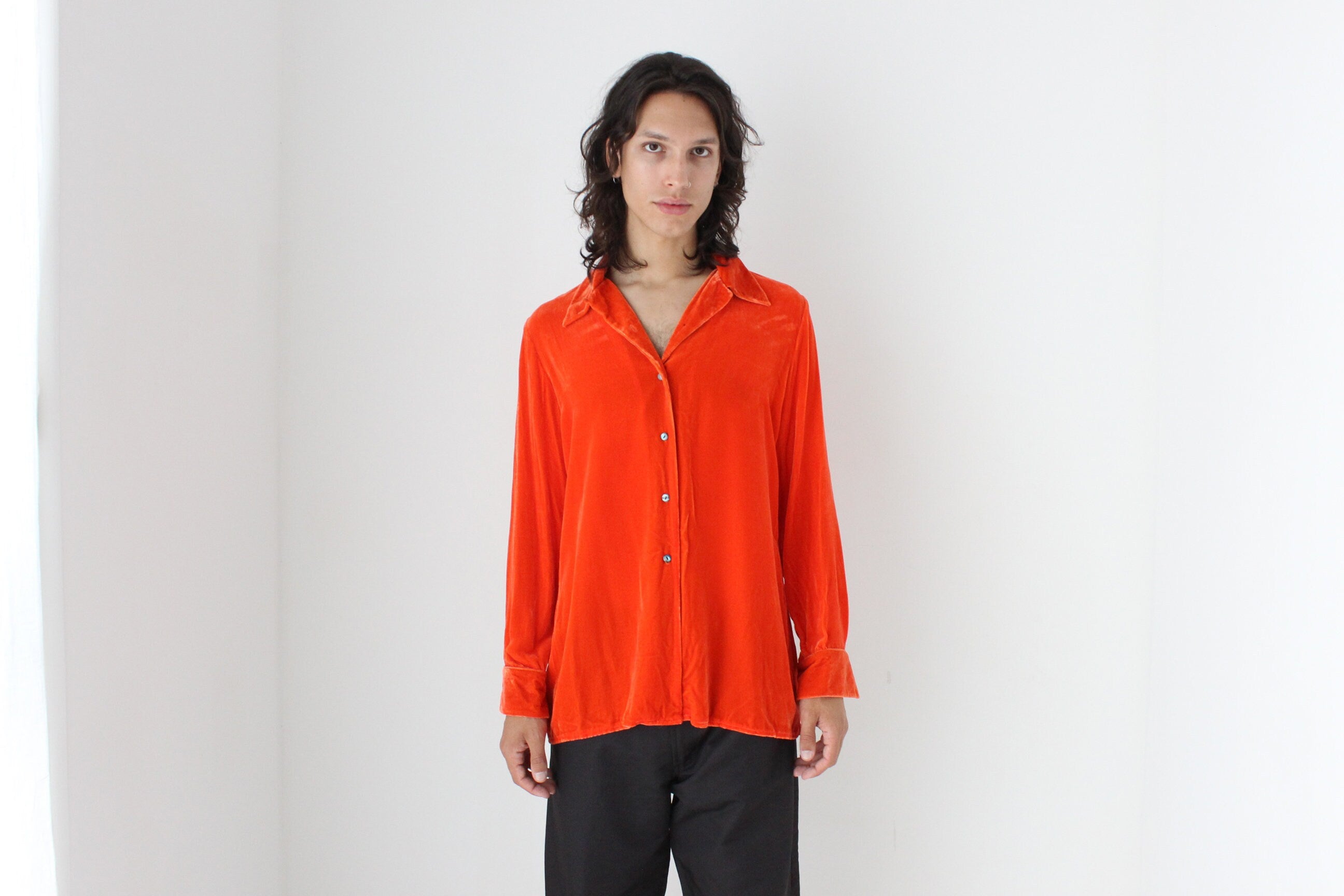 90s Acid Orange PURE SILK VELVET Long Sleeve Frontman Shirt