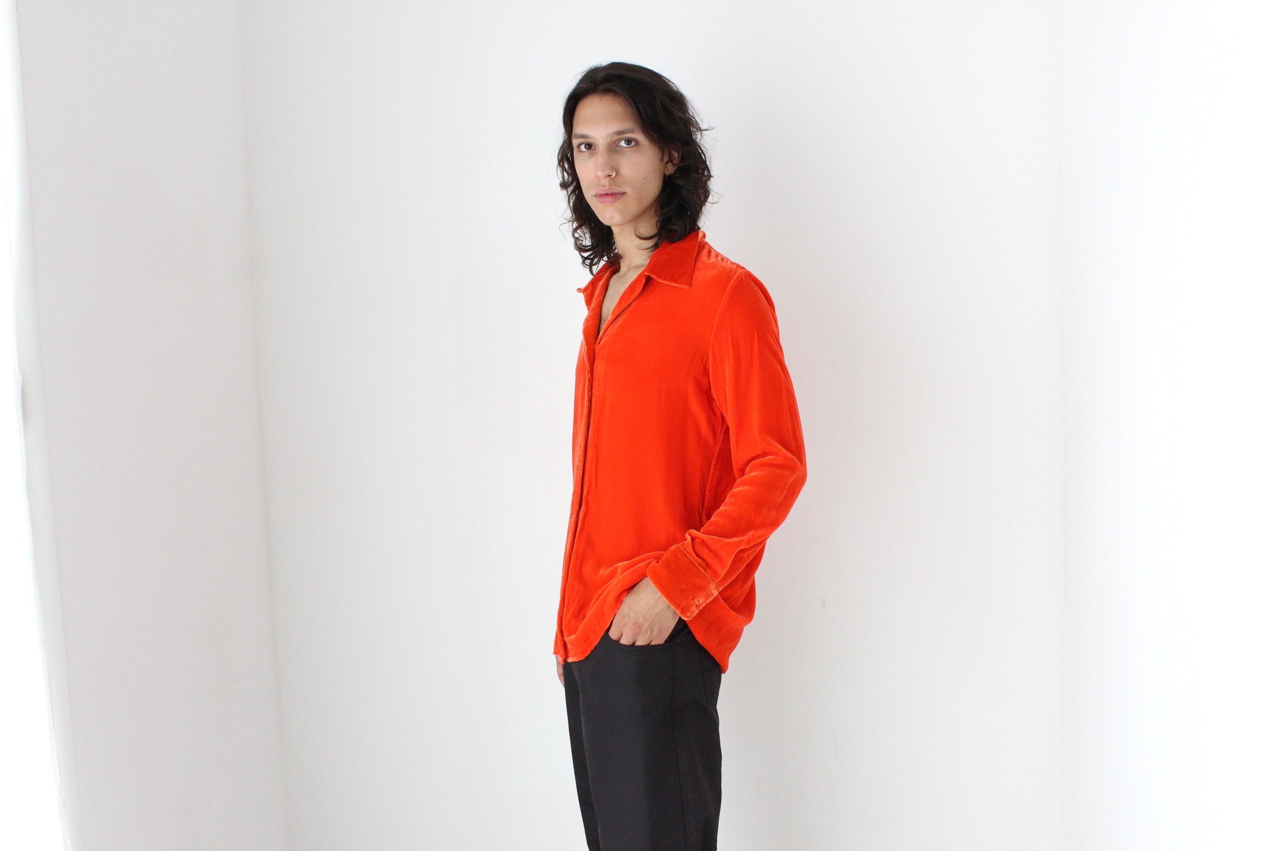 90s Acid Orange PURE SILK VELVET Long Sleeve Frontman Shirt