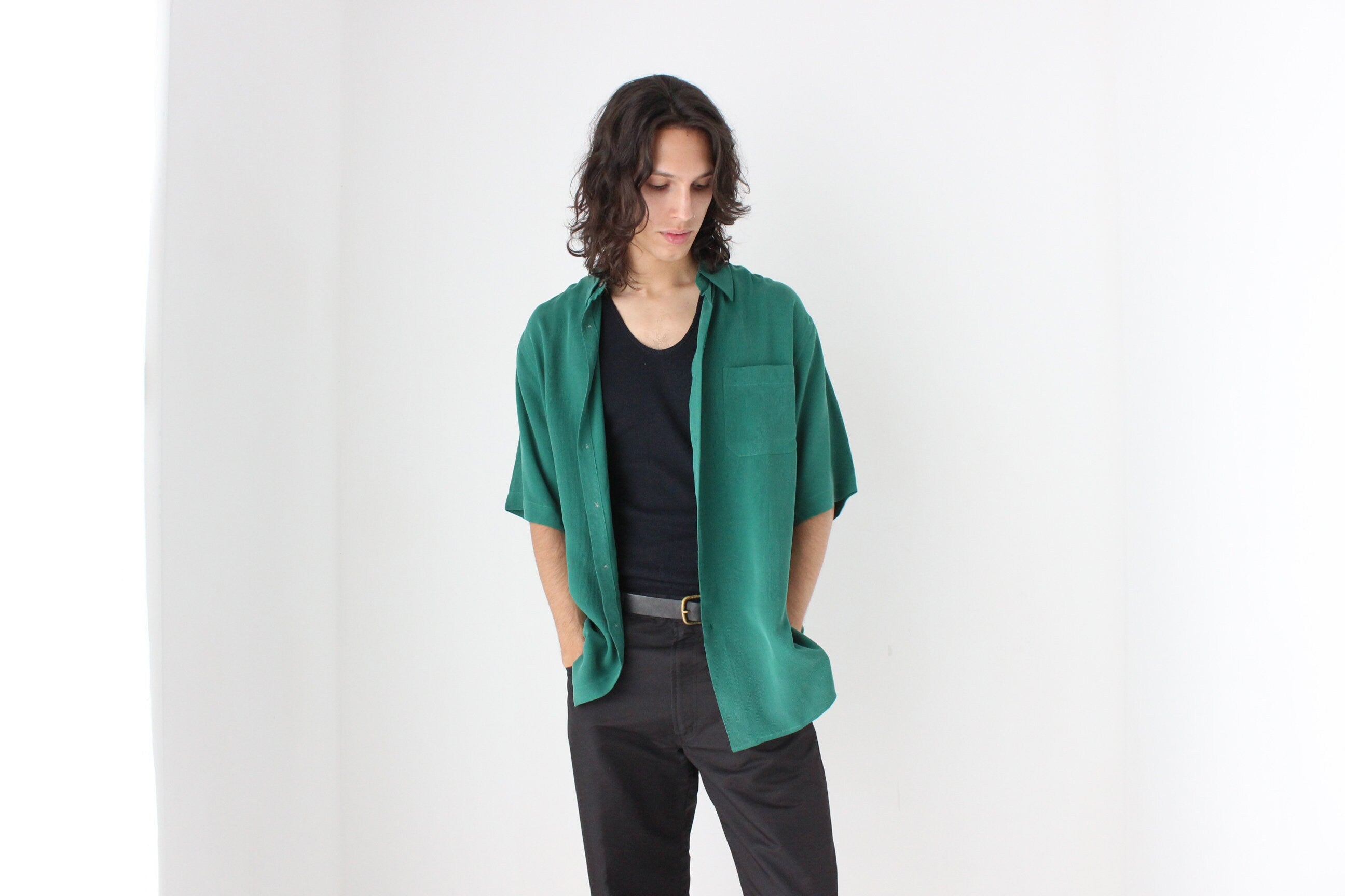 90s Textured Pure Silk Boxy Shirt in Green