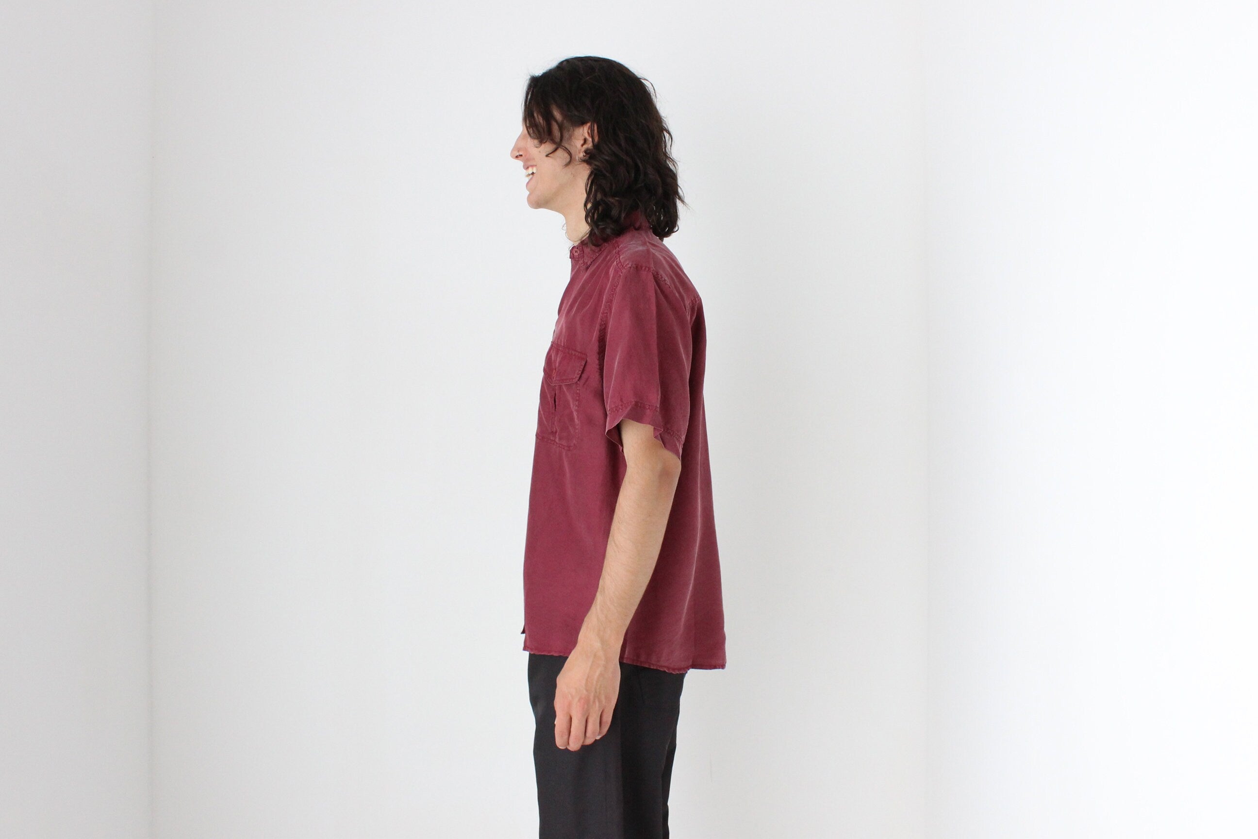 80s MATTE SILK Boxy Double Pocket Shirt in Burgundy