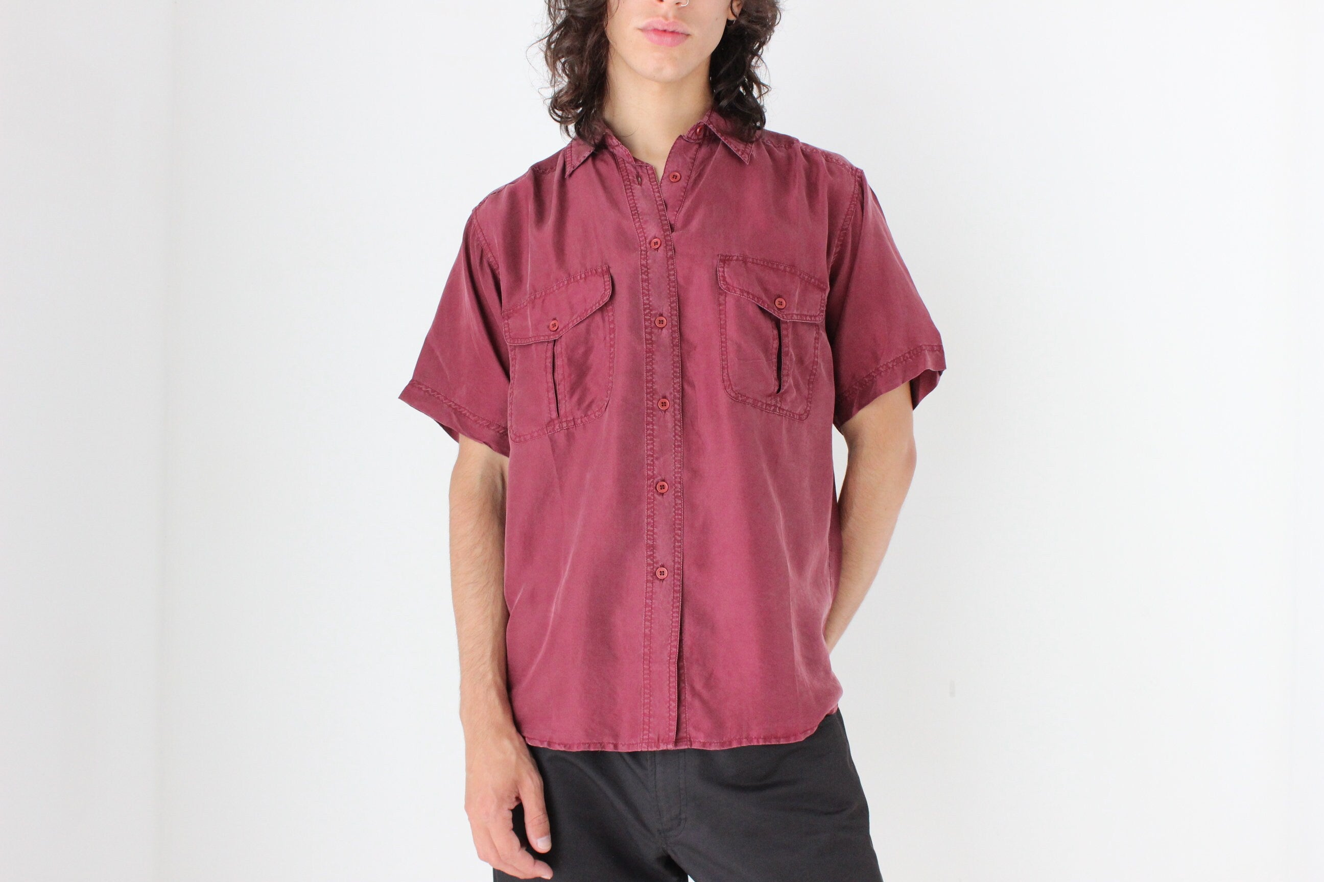 80s MATTE SILK Boxy Double Pocket Shirt in Burgundy