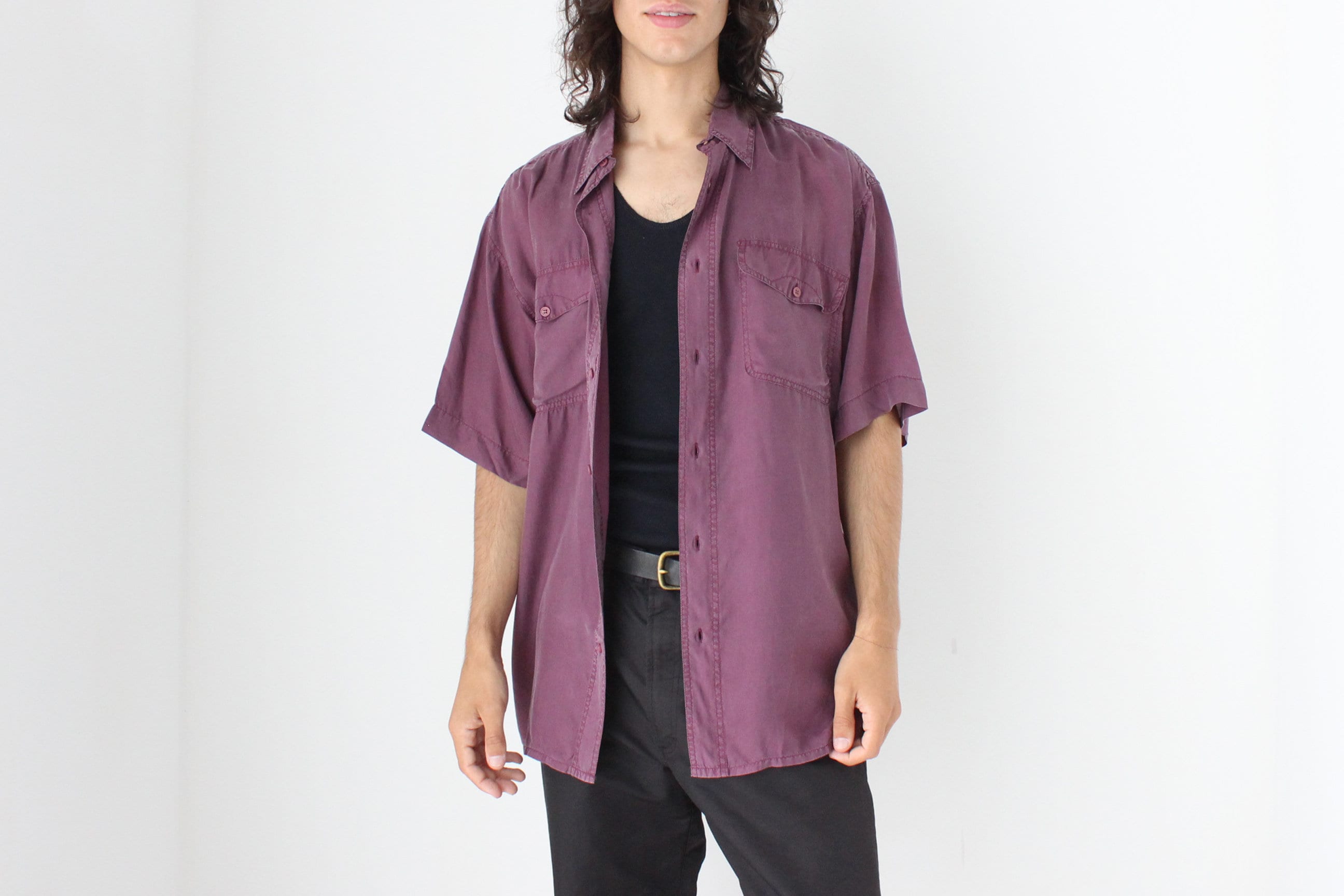 80s MATTE SILK Boxy Double Pocket Shirt in Purple