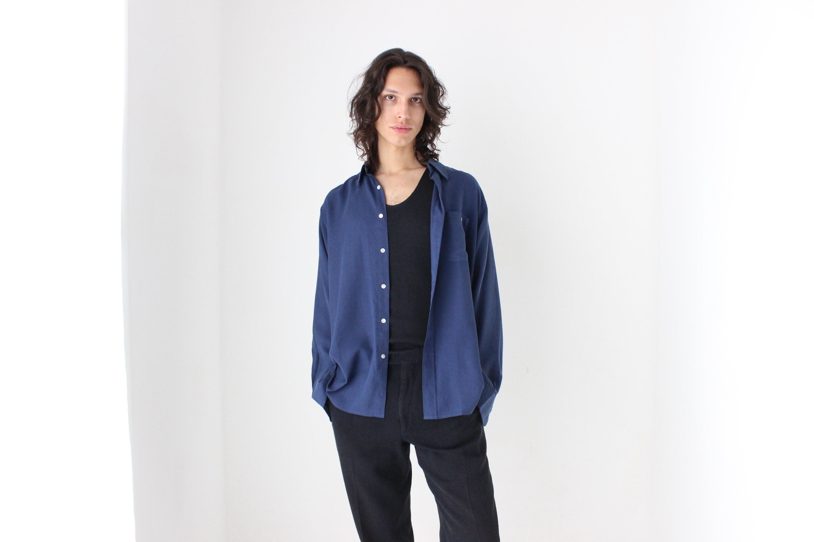 90s Textured Pure Silk Relaxed Shirt in Navy