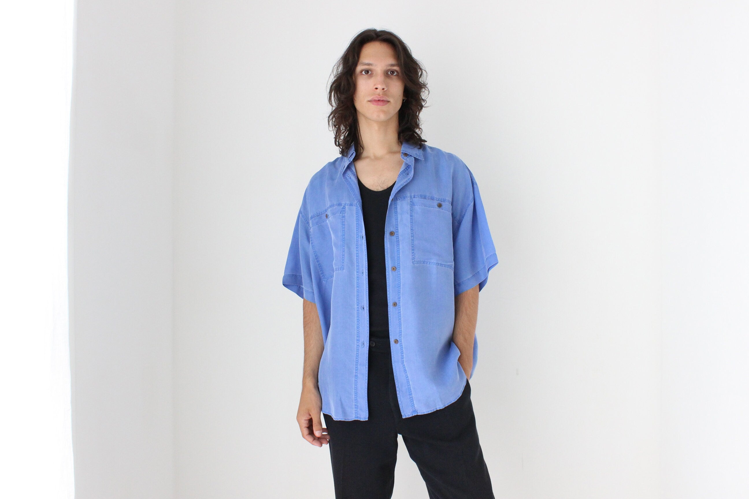 80s PURE SILK Acid Wash "Denim" Look Boxy Shirt