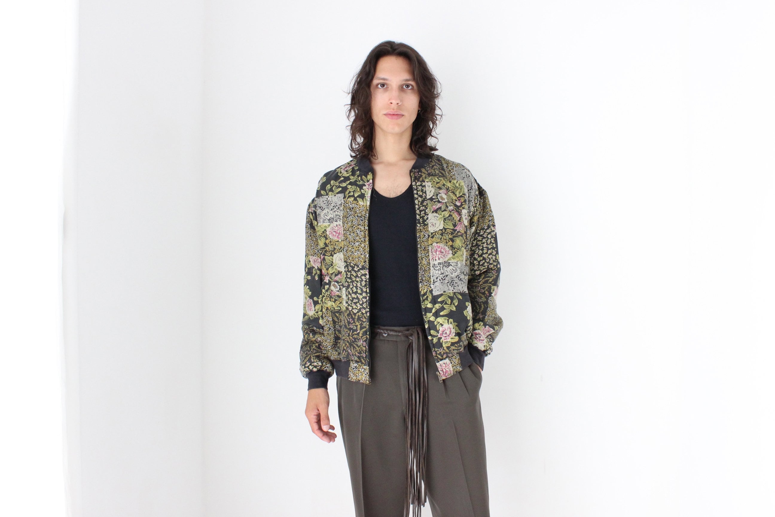 80s Pure Silk Floral Printed Quilted Bomber Jacket