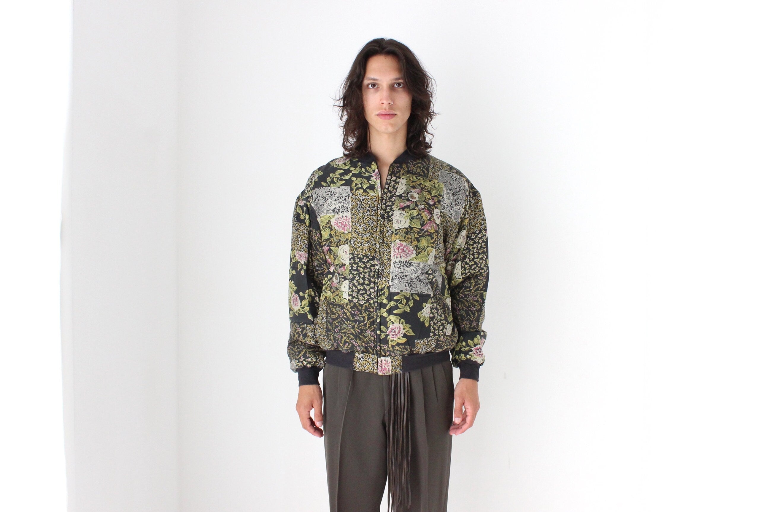 80s Pure Silk Floral Printed Quilted Bomber Jacket