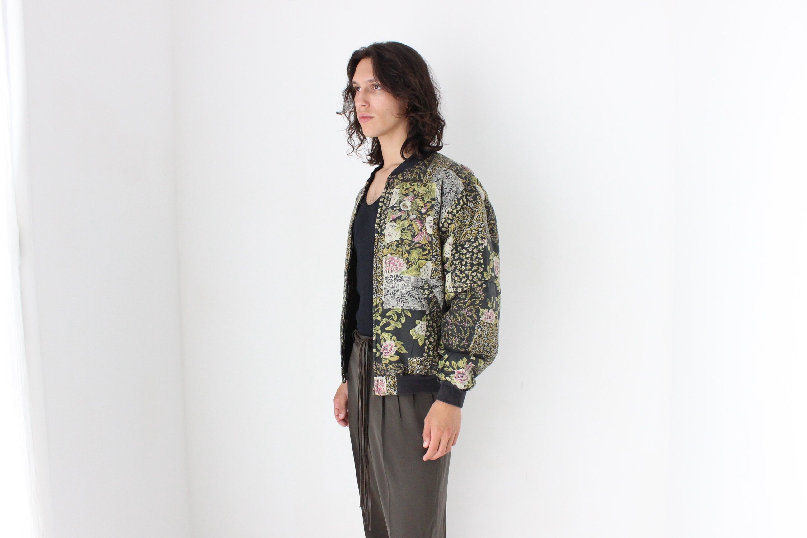 80s Pure Silk Floral Printed Quilted Bomber Jacket