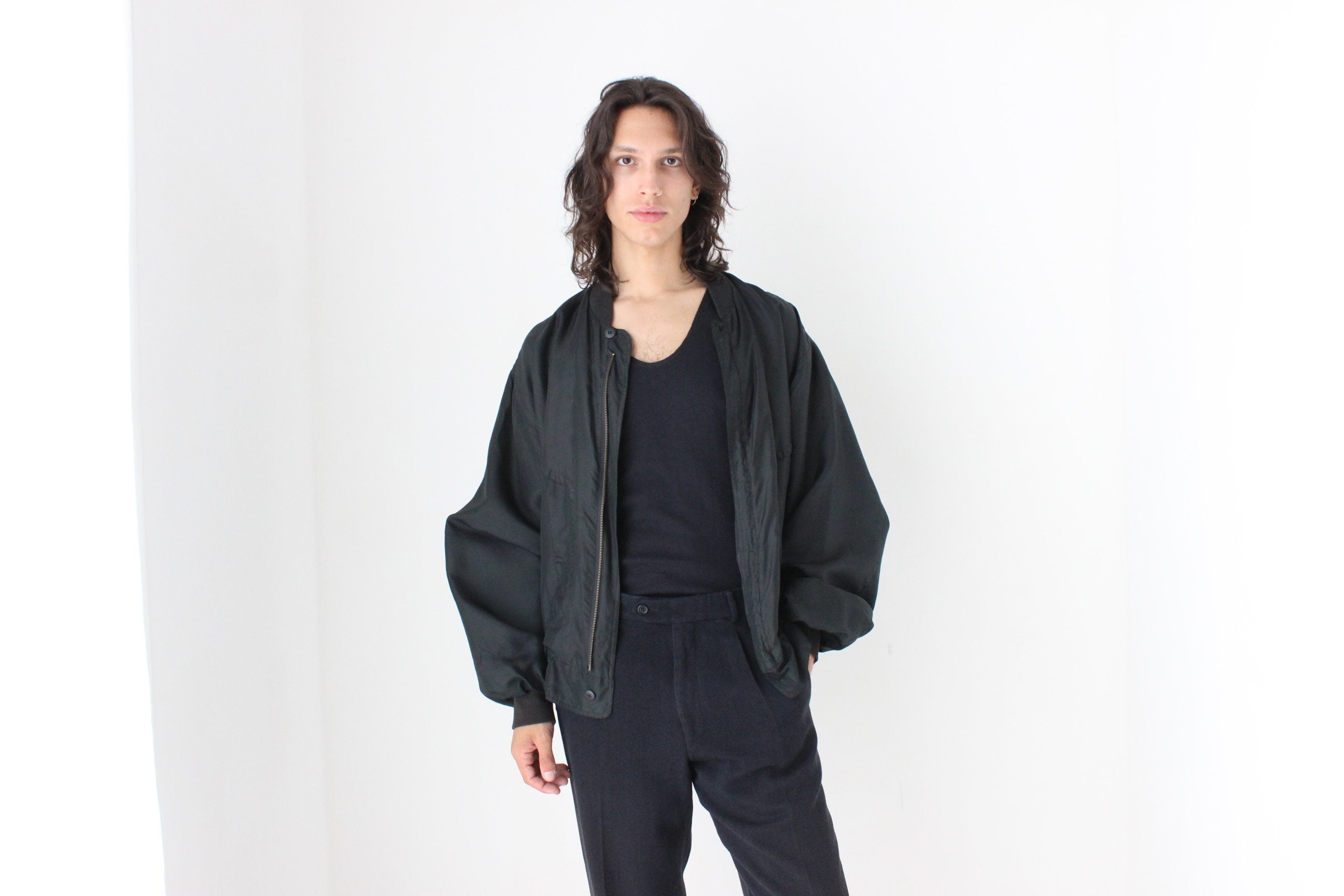 Perfect 80s Pure Silk Minimal Black Classic Bomber