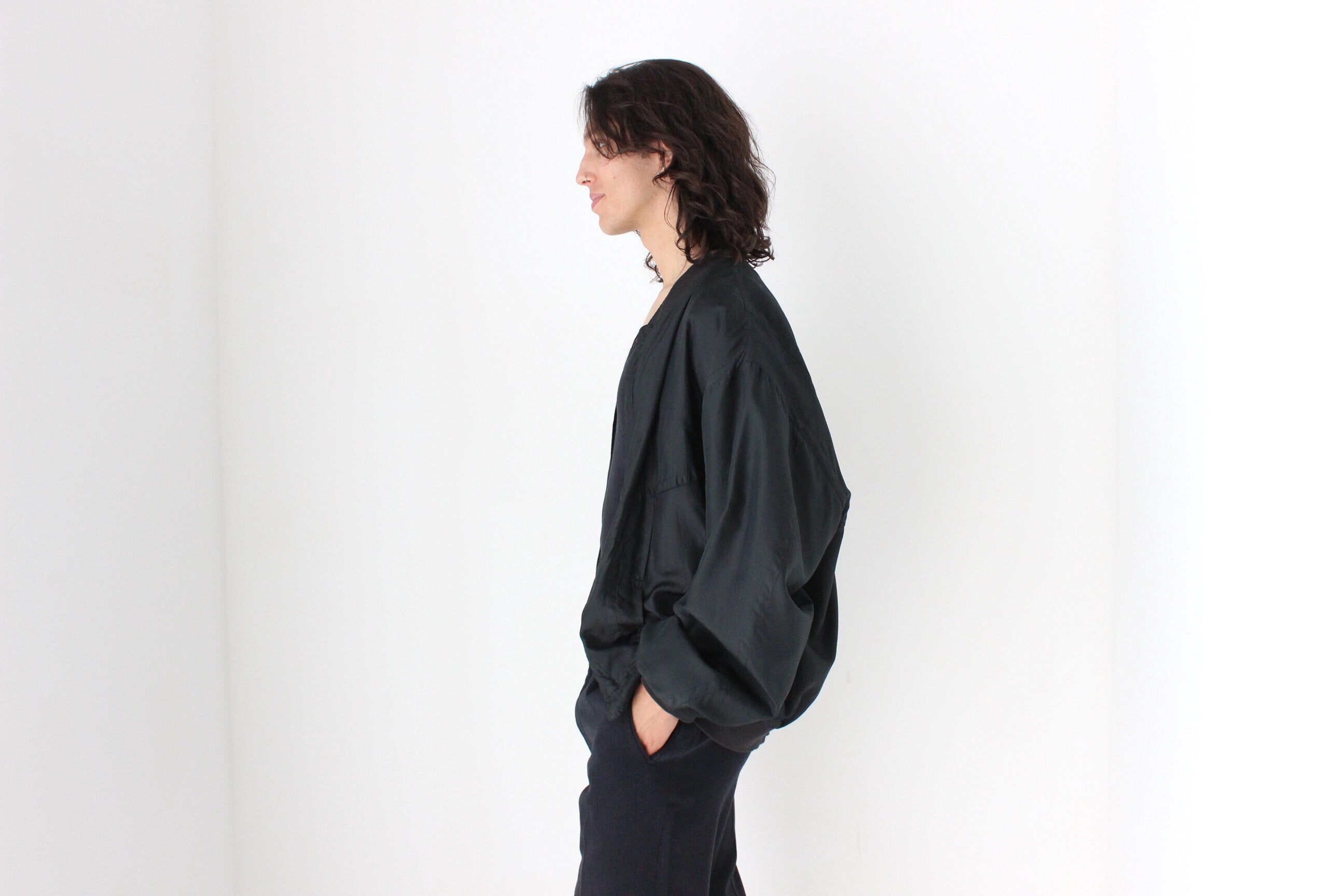 Perfect 80s Pure Silk Minimal Black Classic Bomber