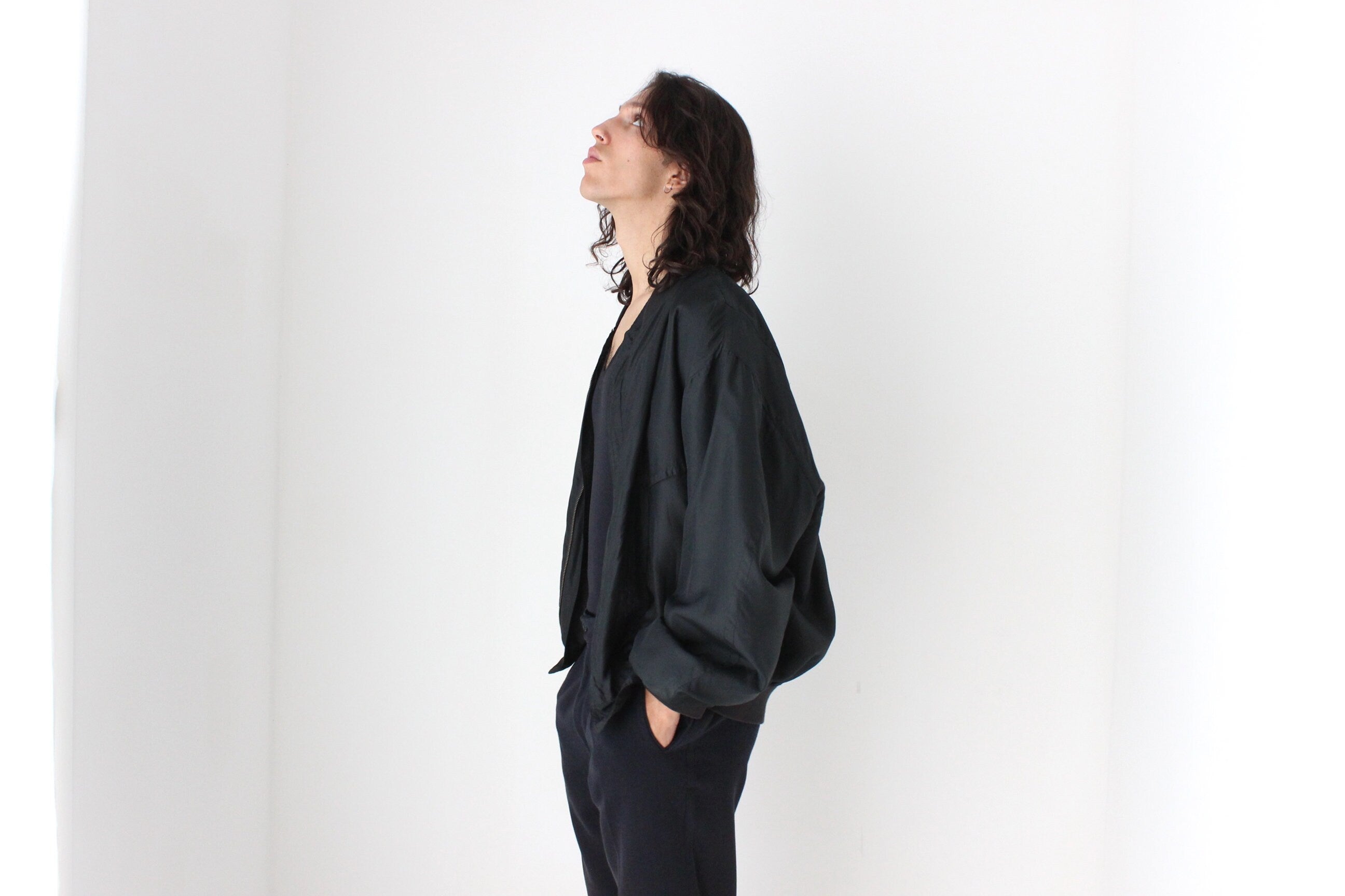 Perfect 80s Pure Silk Minimal Black Classic Bomber