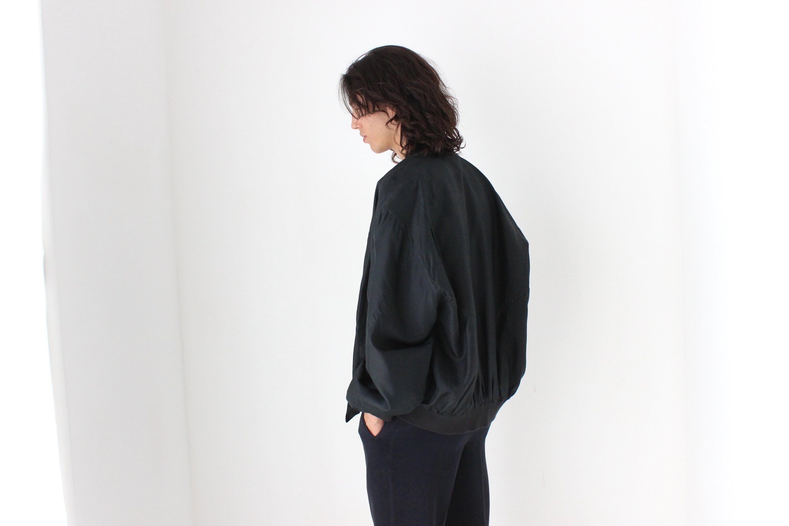 Perfect 80s Pure Silk Minimal Black Classic Bomber