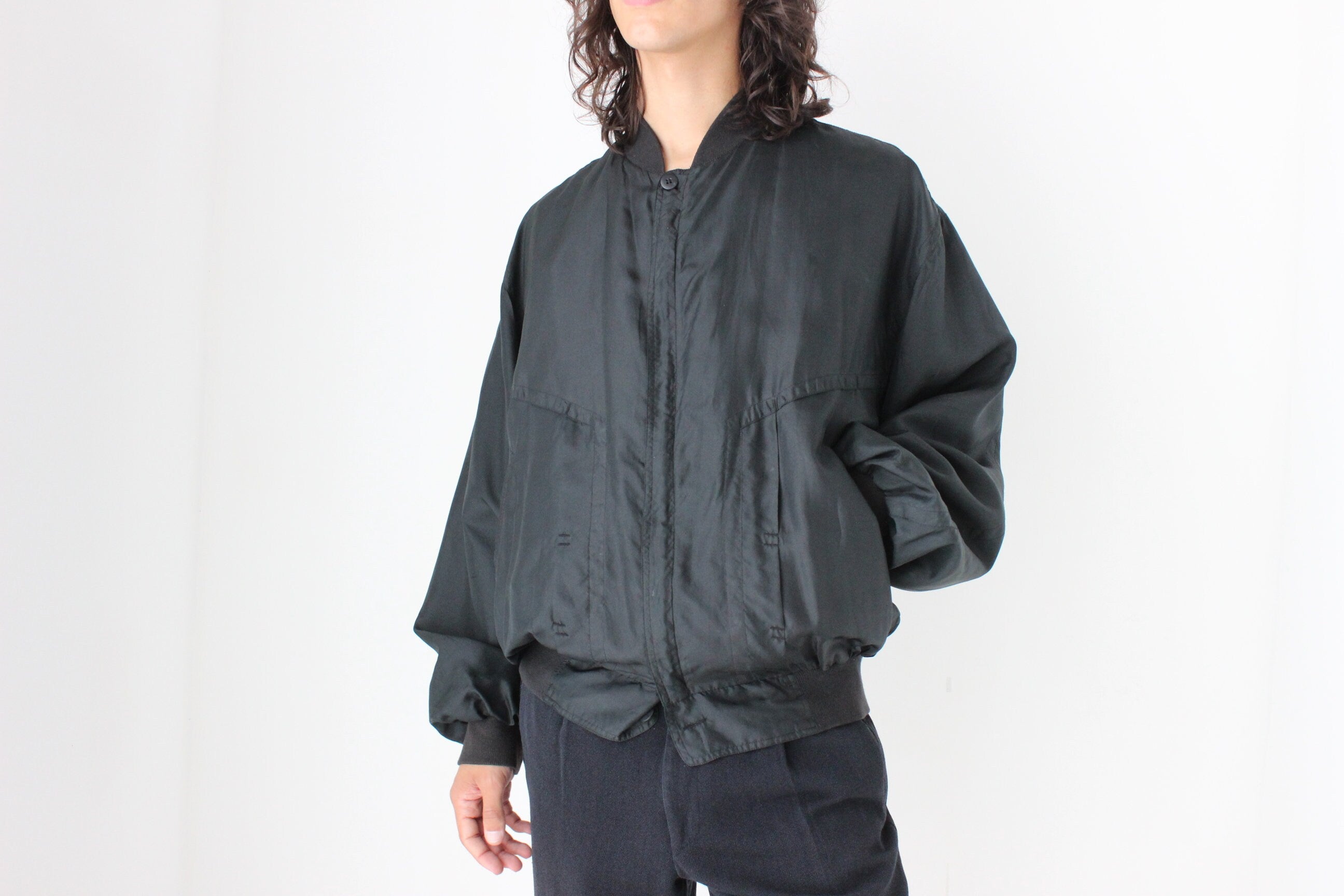 Perfect 80s Pure Silk Minimal Black Classic Bomber