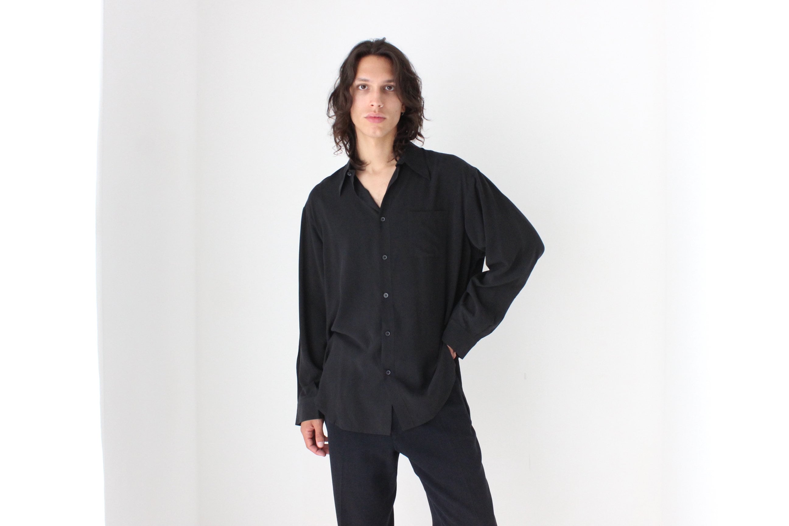 90s PURE FUJI SILK Relaxed Shirt in Ink Black