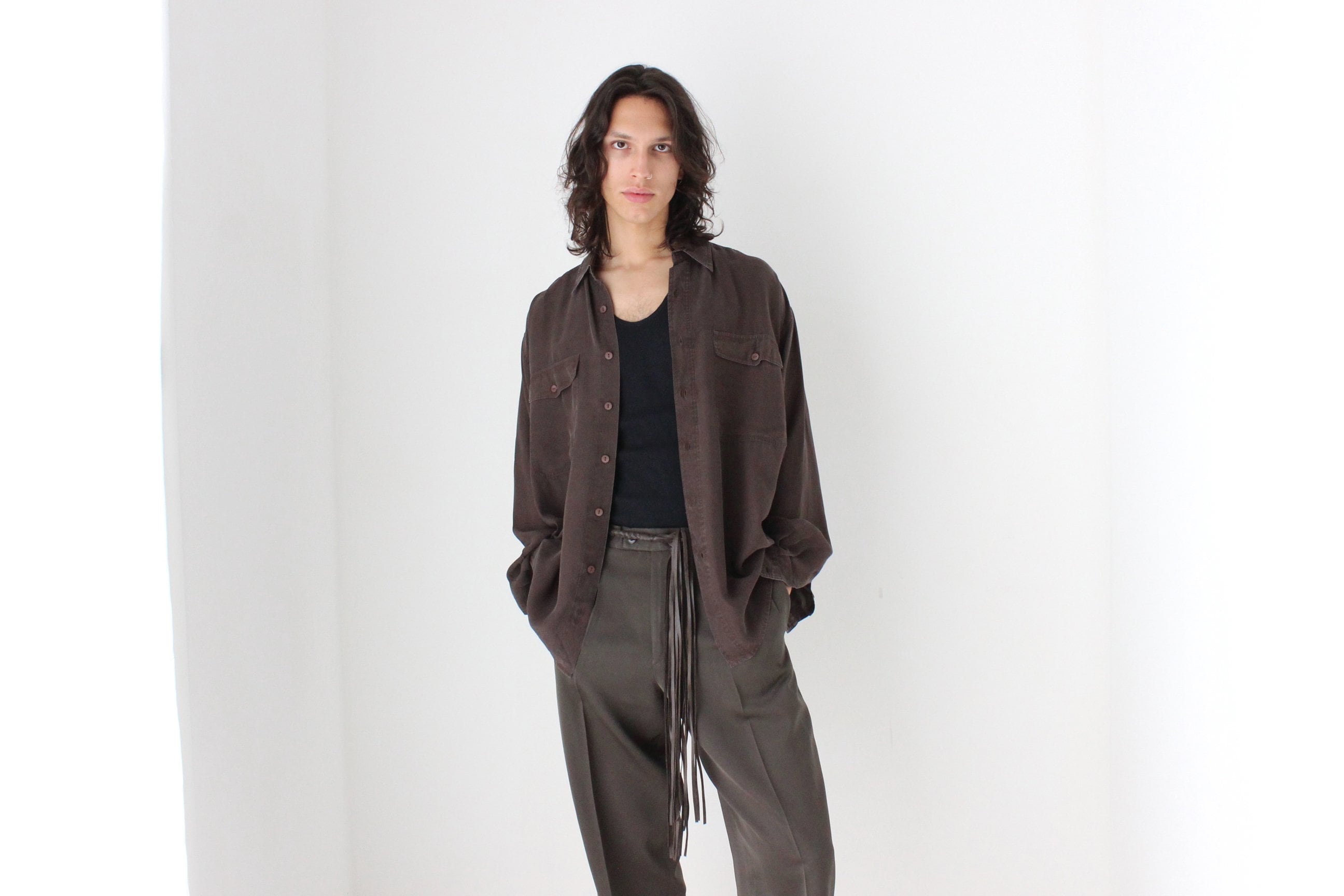 90s Textured Pure Silk Relaxed Shirt in Chocolate