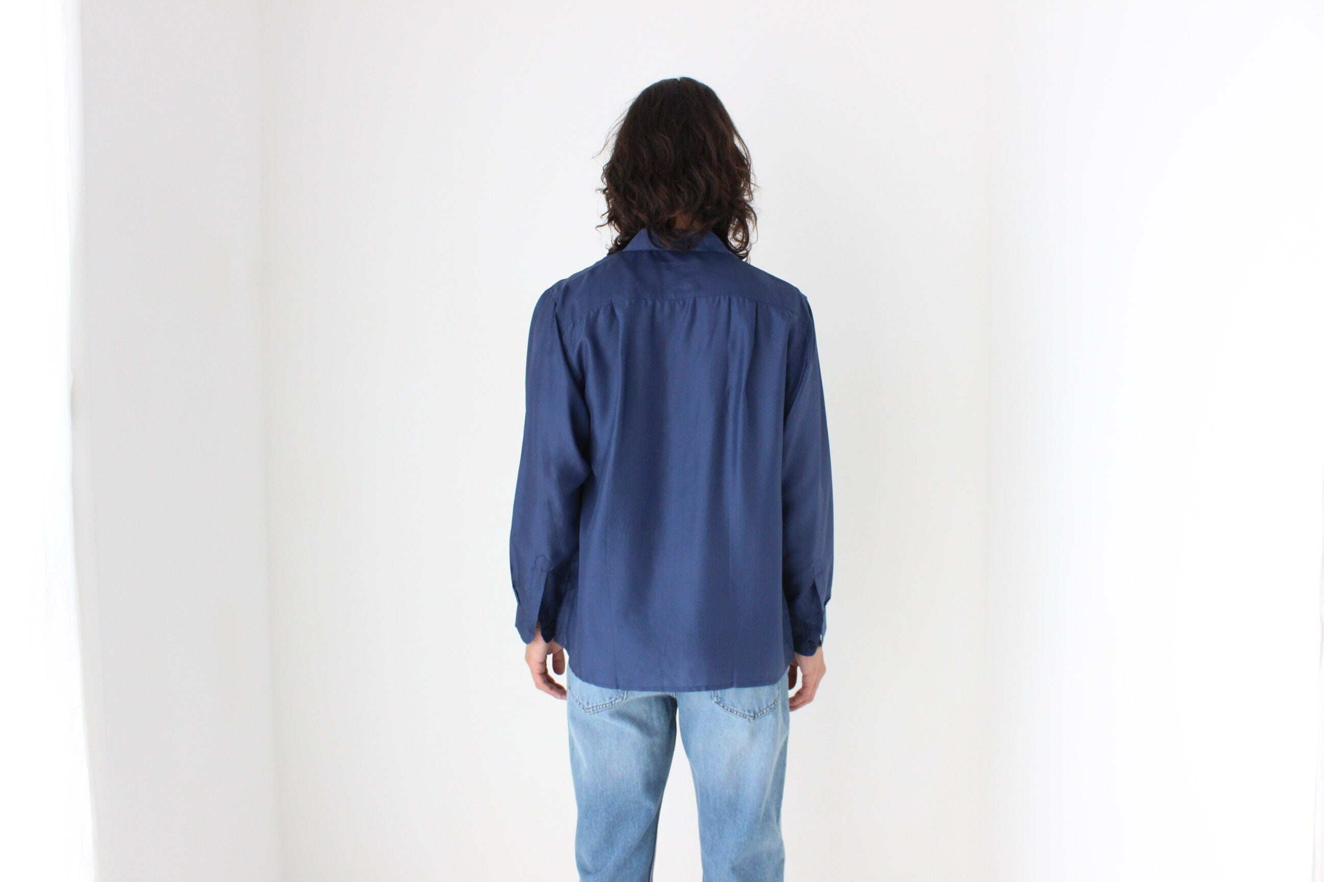 80s PURE SILK Double Pocket Long Sleeve Shirt in Navy