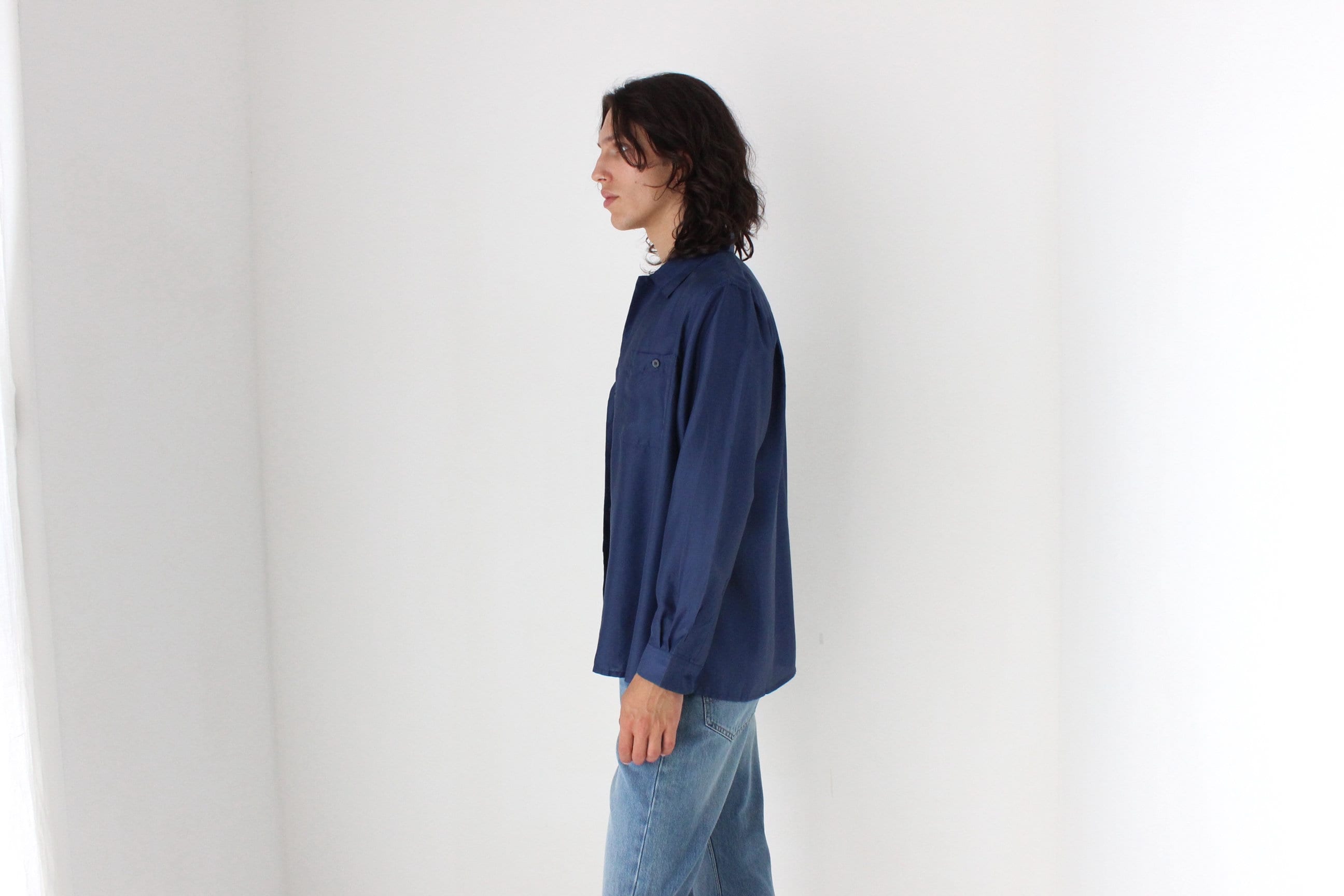 80s PURE SILK Double Pocket Long Sleeve Shirt in Navy