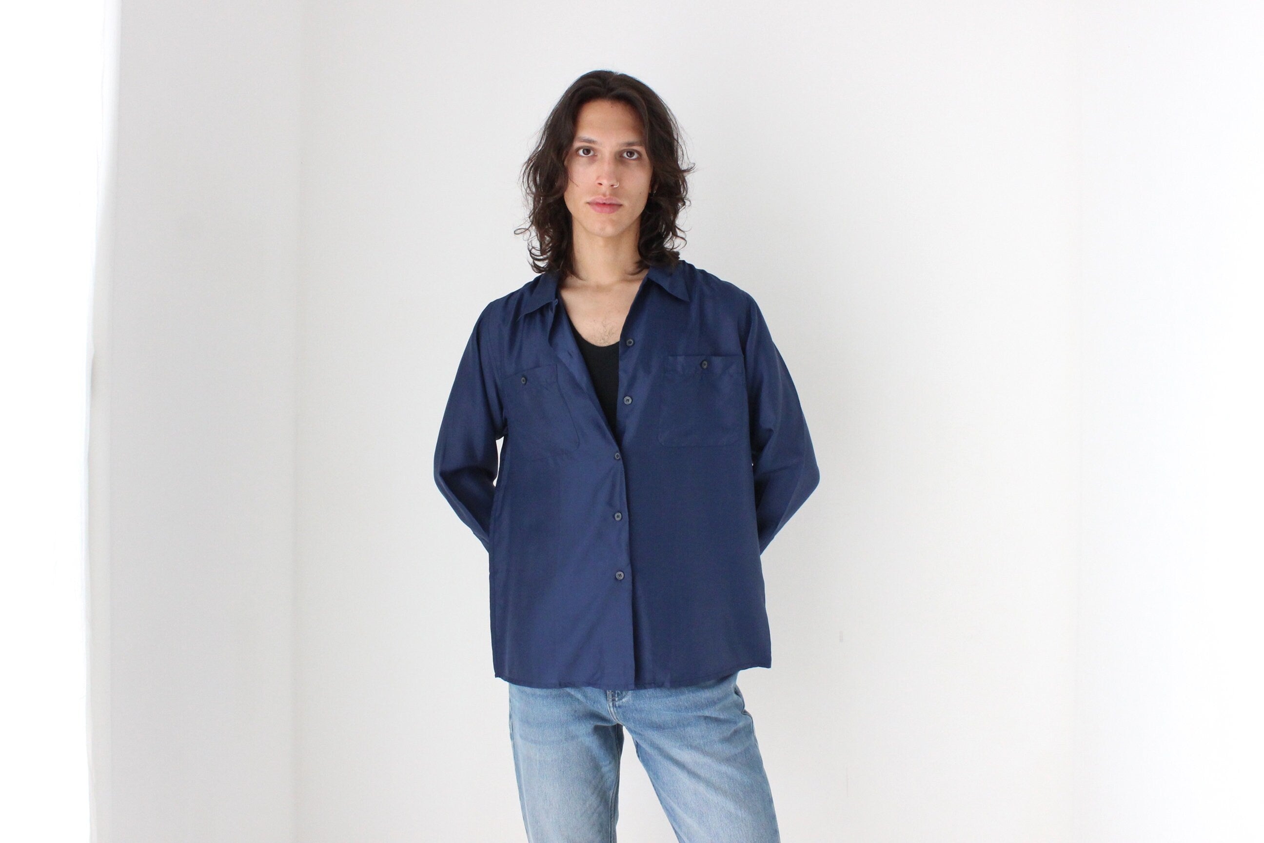 80s PURE SILK Double Pocket Long Sleeve Shirt in Navy