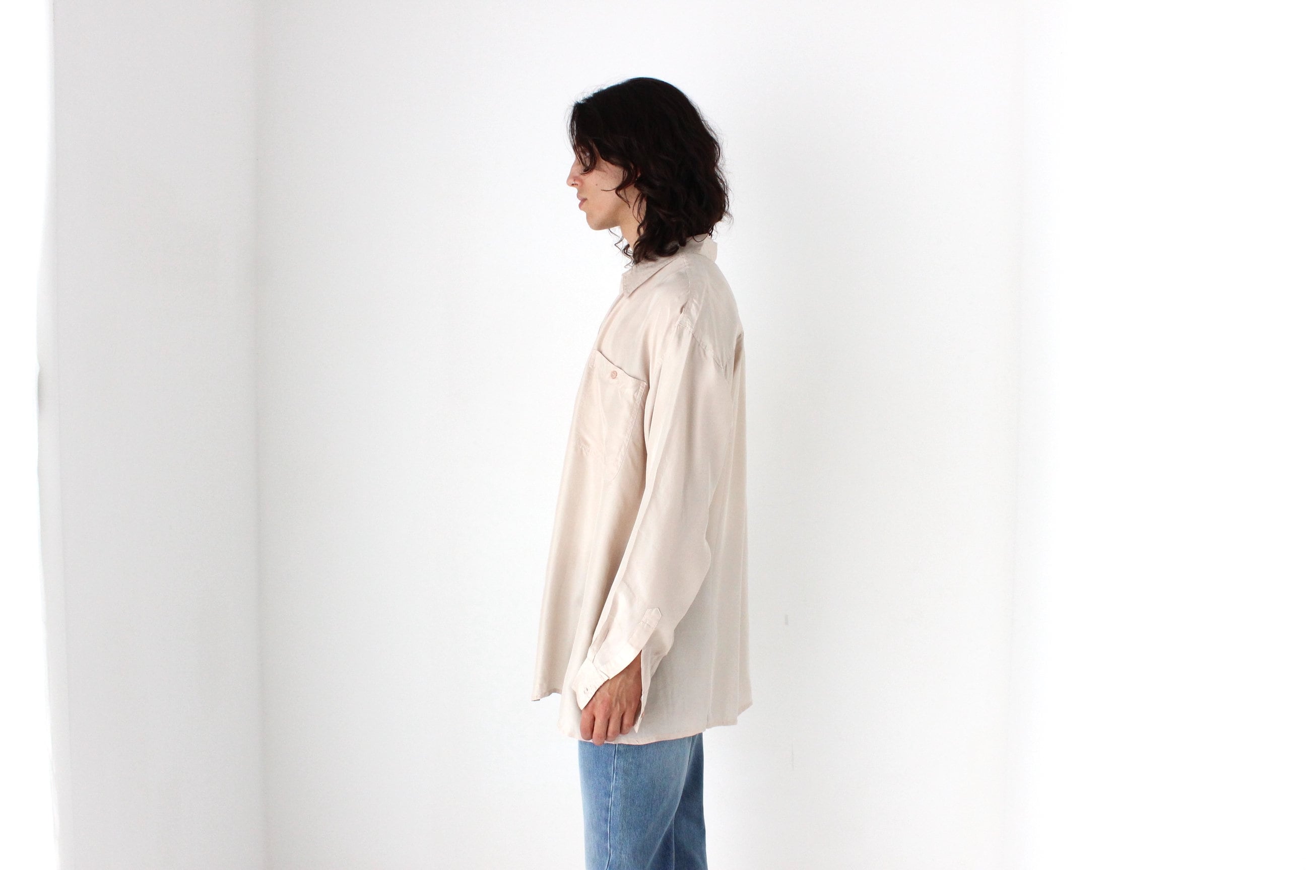 80s PURE SILK Relaxed Long Sleeve Shirt in Neutral Beige