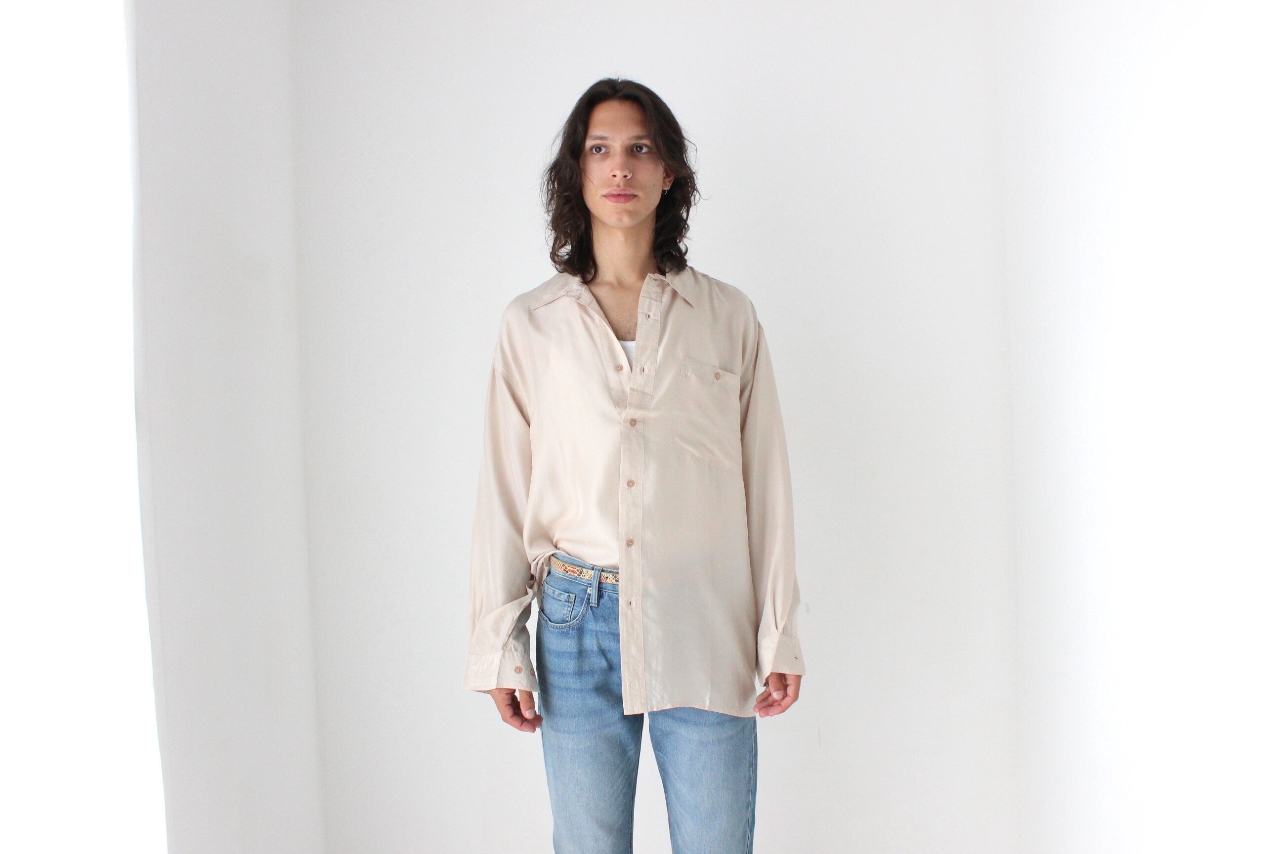 80s PURE SILK Relaxed Long Sleeve Shirt in Neutral Beige