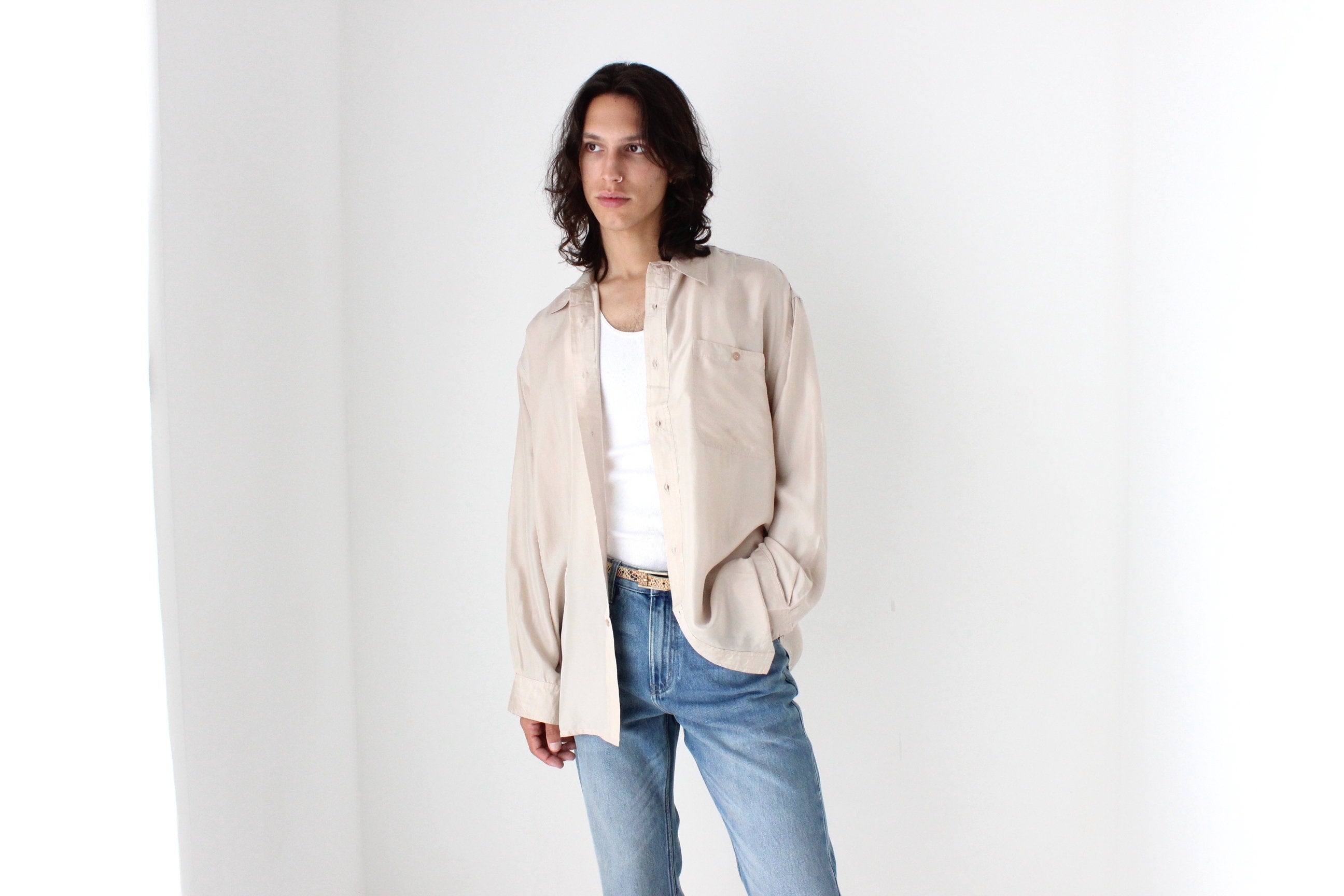 80s PURE SILK Relaxed Long Sleeve Shirt in Neutral Beige