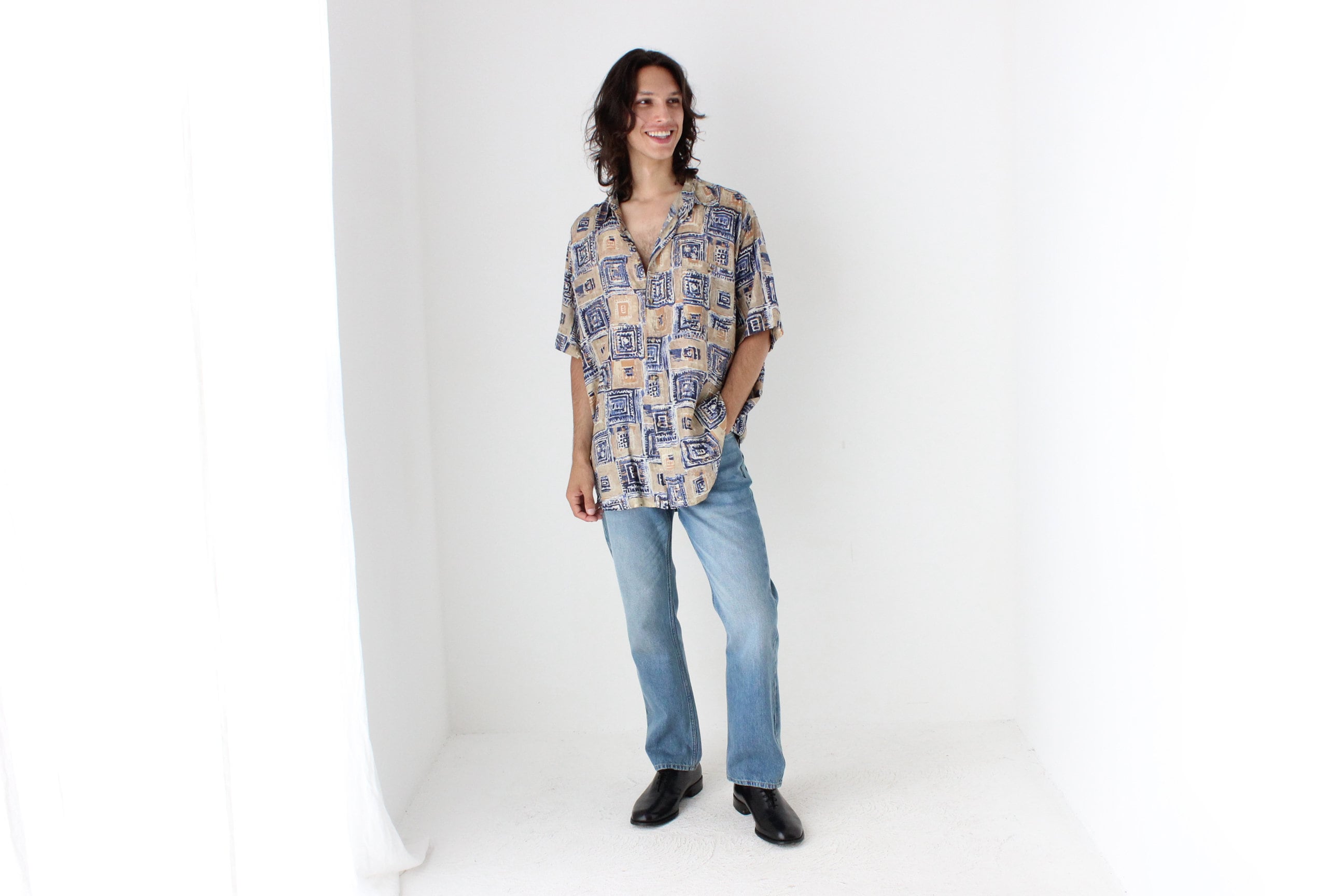 80s PURE SILK Neutral Abstract Print Boxy Shirt