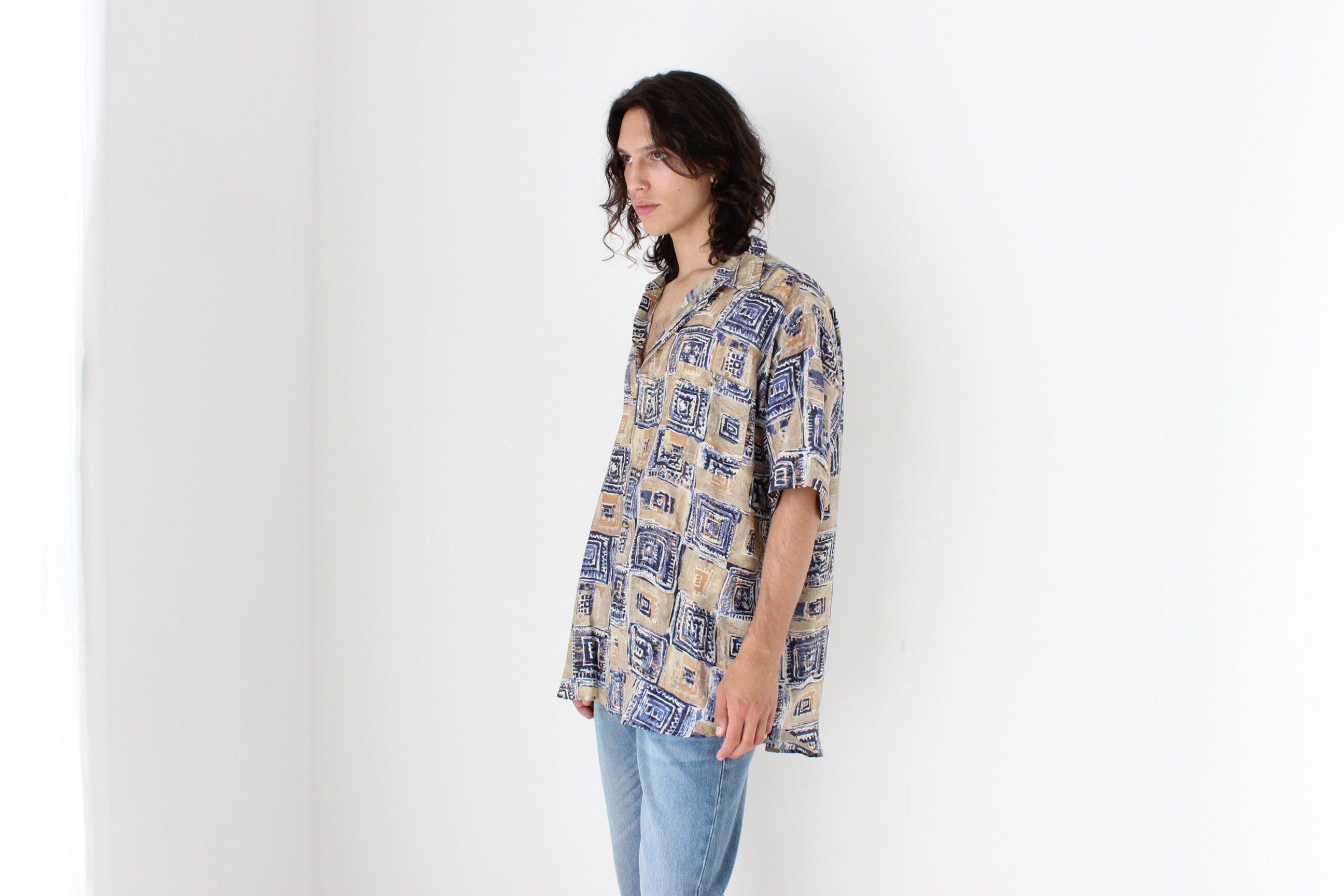 80s PURE SILK Neutral Abstract Print Boxy Shirt
