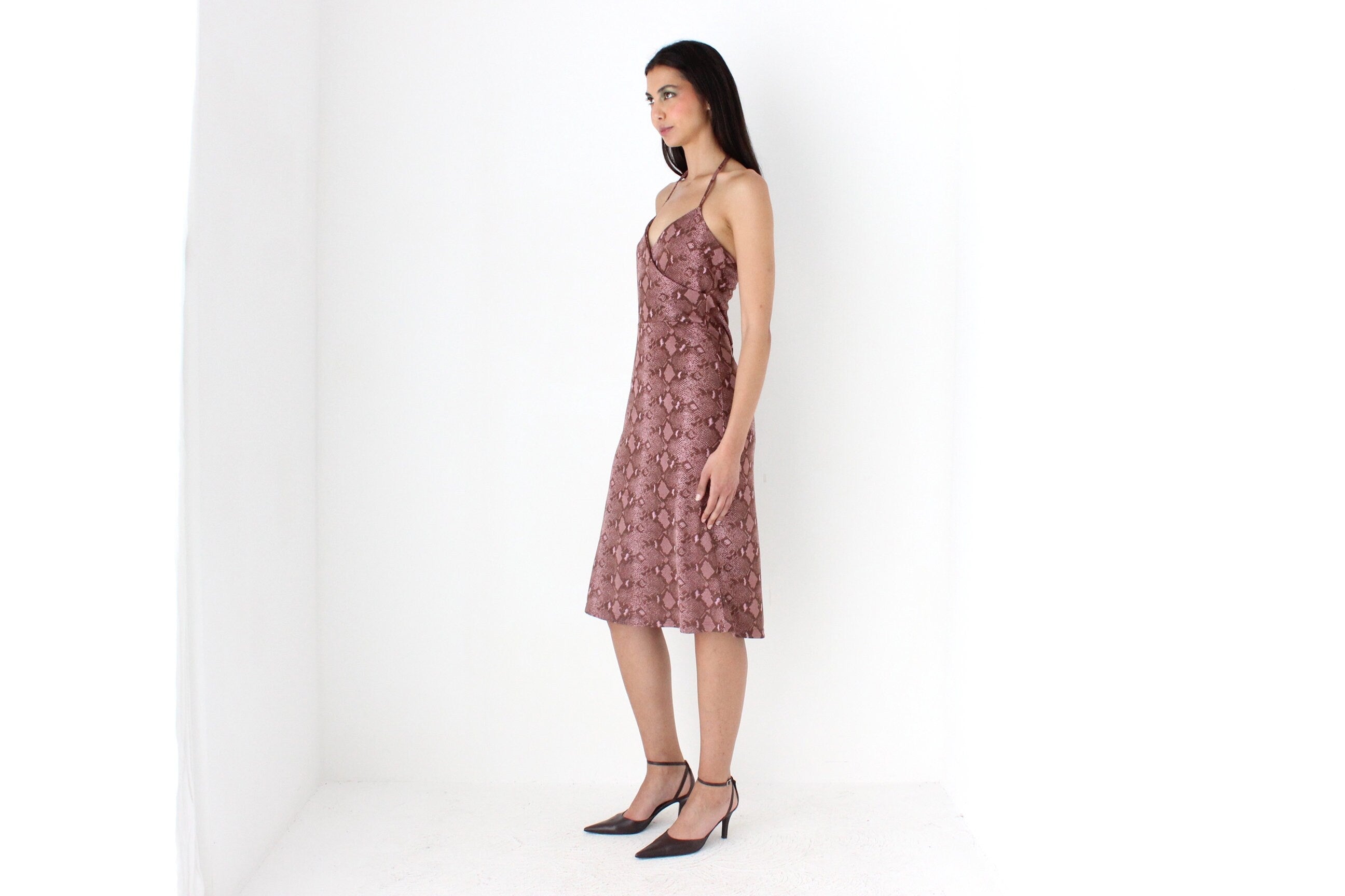 Y2K Mauve Snakeskin Mesh Halter Neck Dress