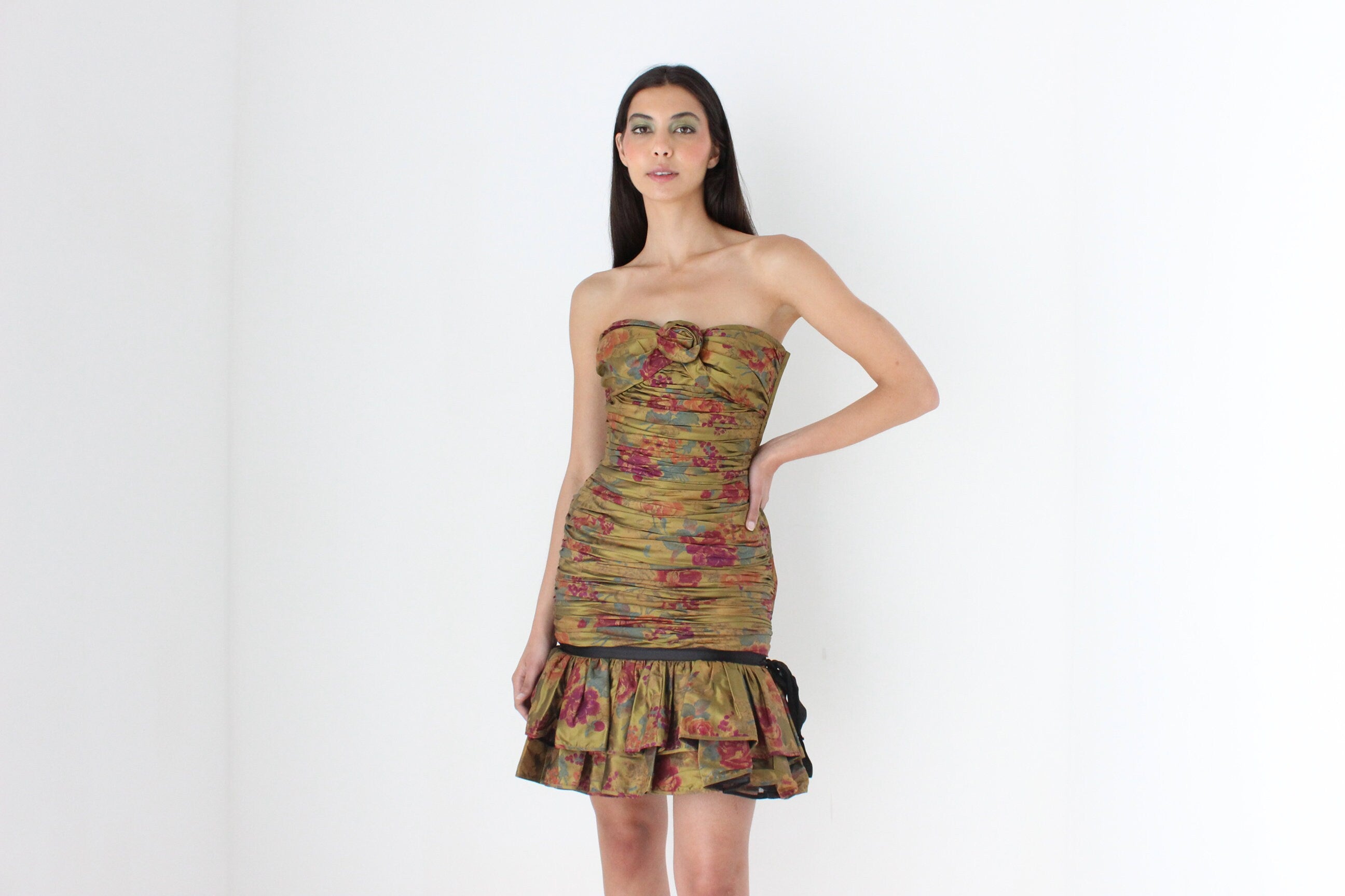 80s Emanuel Ungaro Pure Silk Taffeta Ruched Cocktail Mini Dress