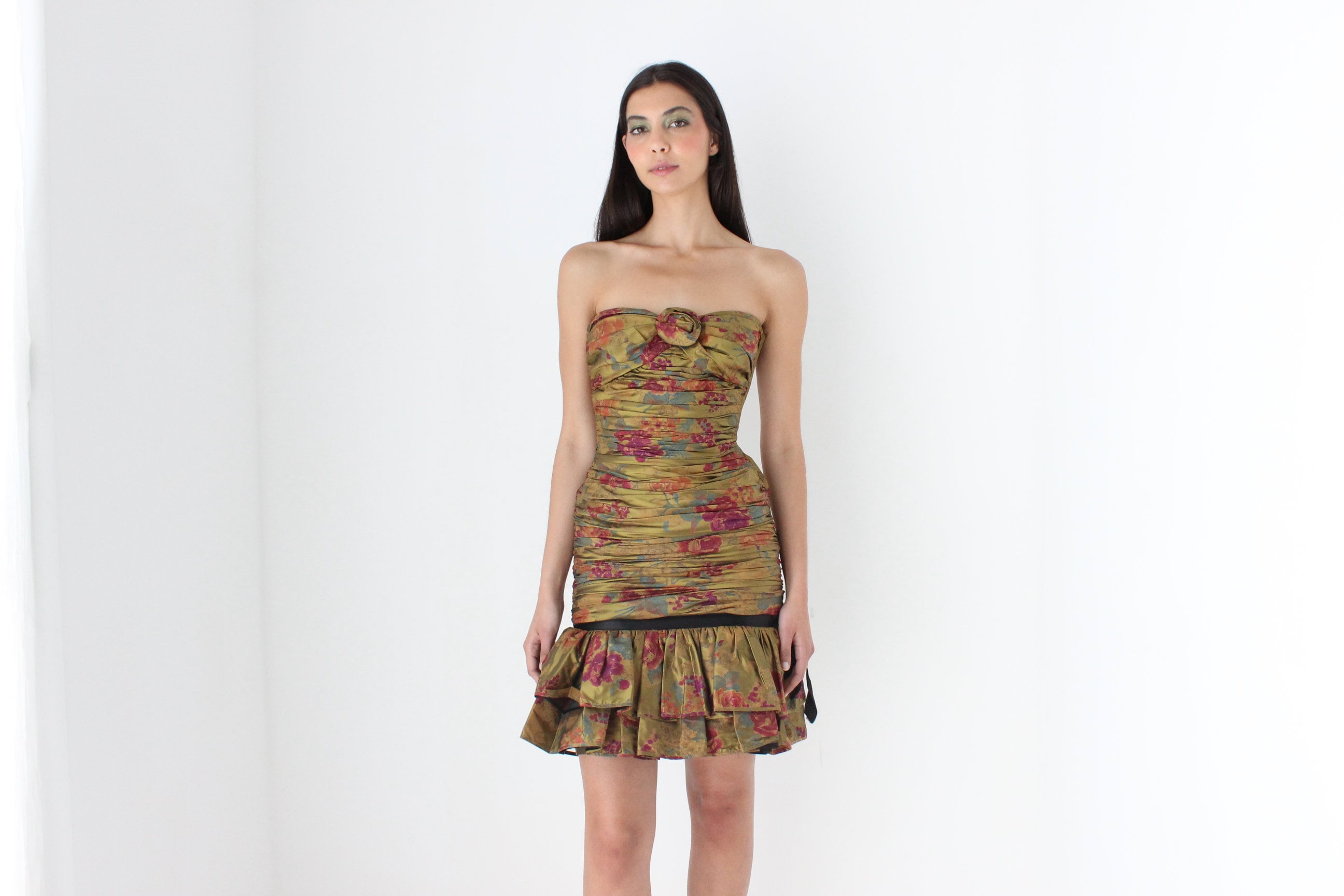80s Emanuel Ungaro Pure Silk Taffeta Ruched Cocktail Mini Dress