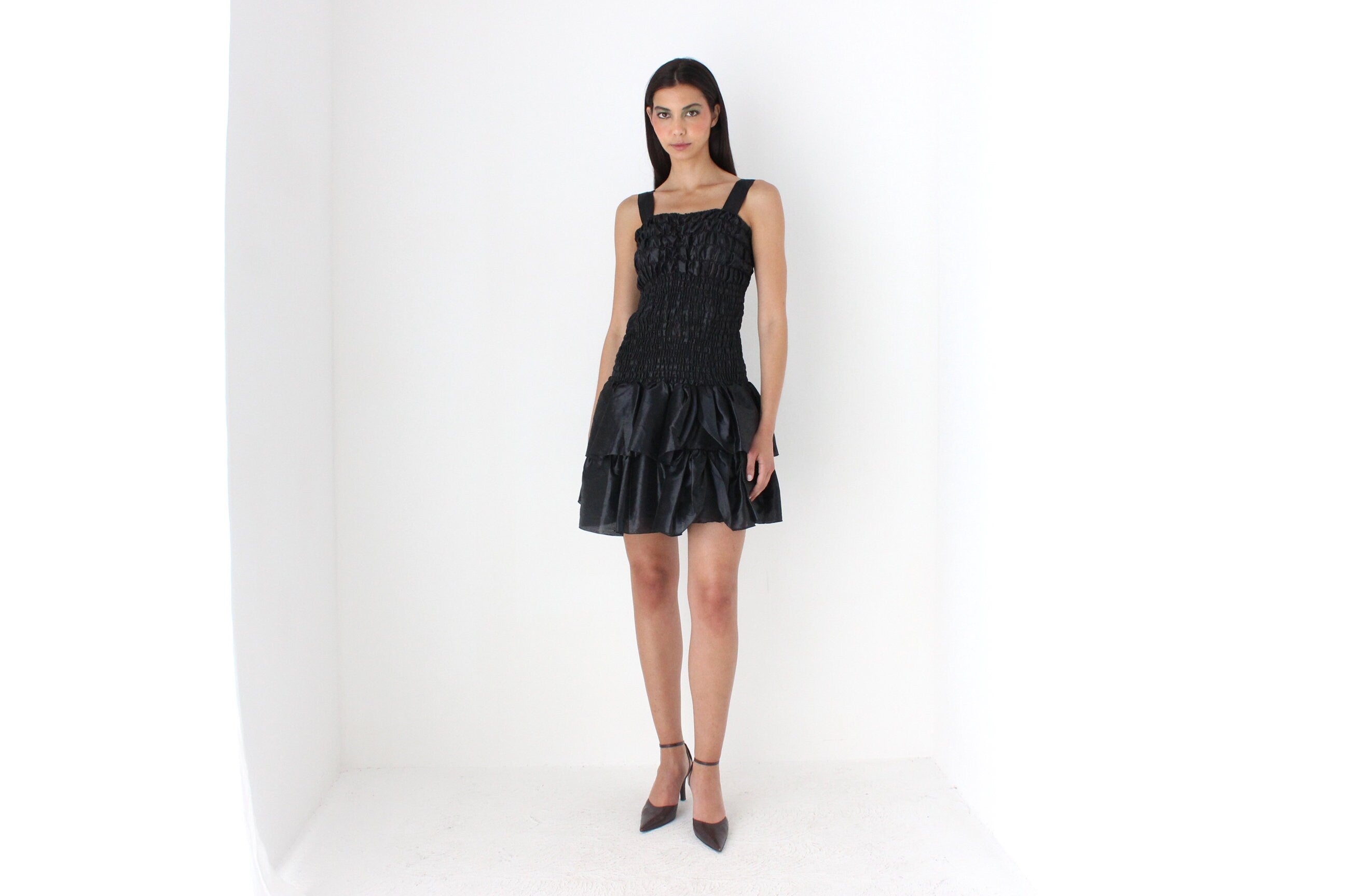 80s Spanish Origami Puff Ruffle Metallic Black Mini Dress