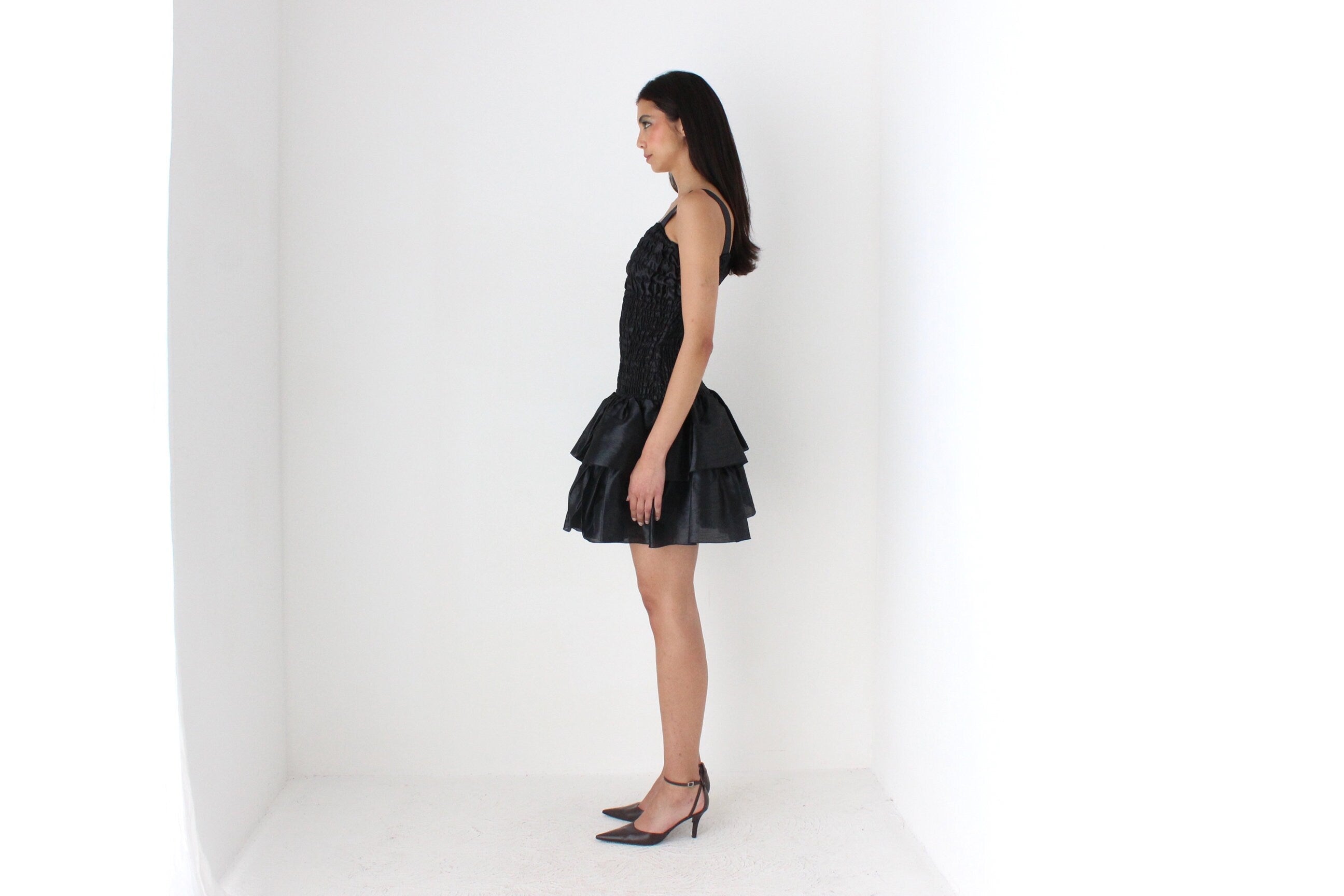 80s Spanish Origami Puff Ruffle Metallic Black Mini Dress
